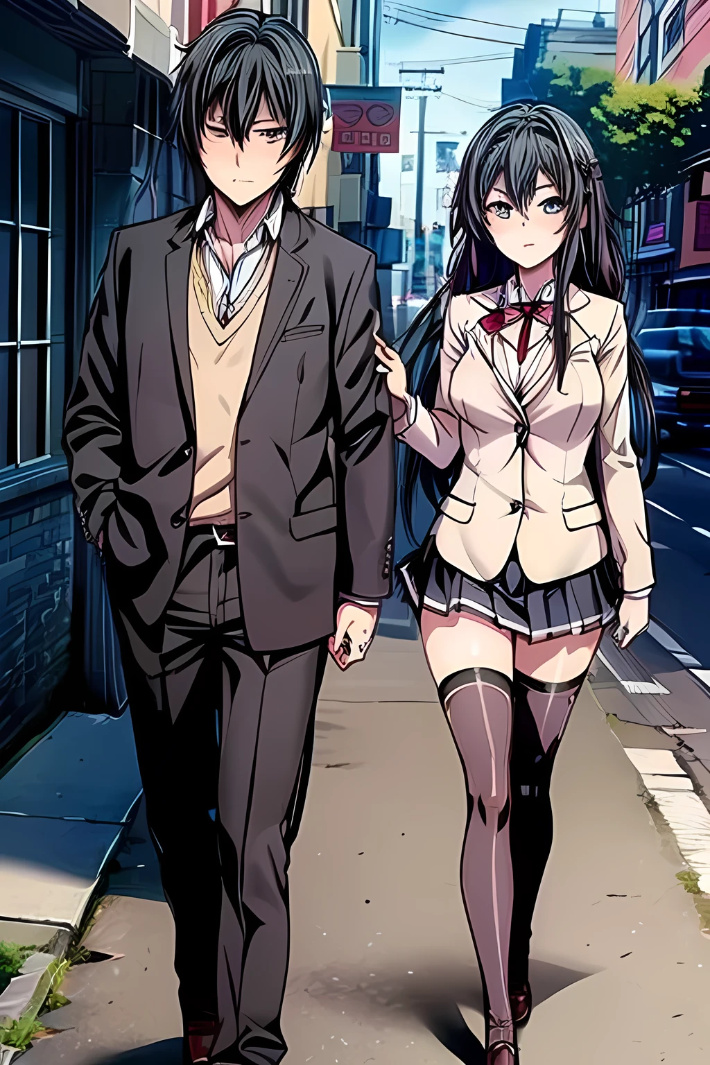 open mouth,1boy and 1girl,cupple,yukinoshita_yukino, long_hair, black_hair, red_ribbon,blue eyes,sobu high school uniform,((uiharu_kazari)),((masterpiece))), ((best quality)), (ultra-detailed), ((an extremely delicate and beautiful)),(unity 8k wallpaper),walking,street,