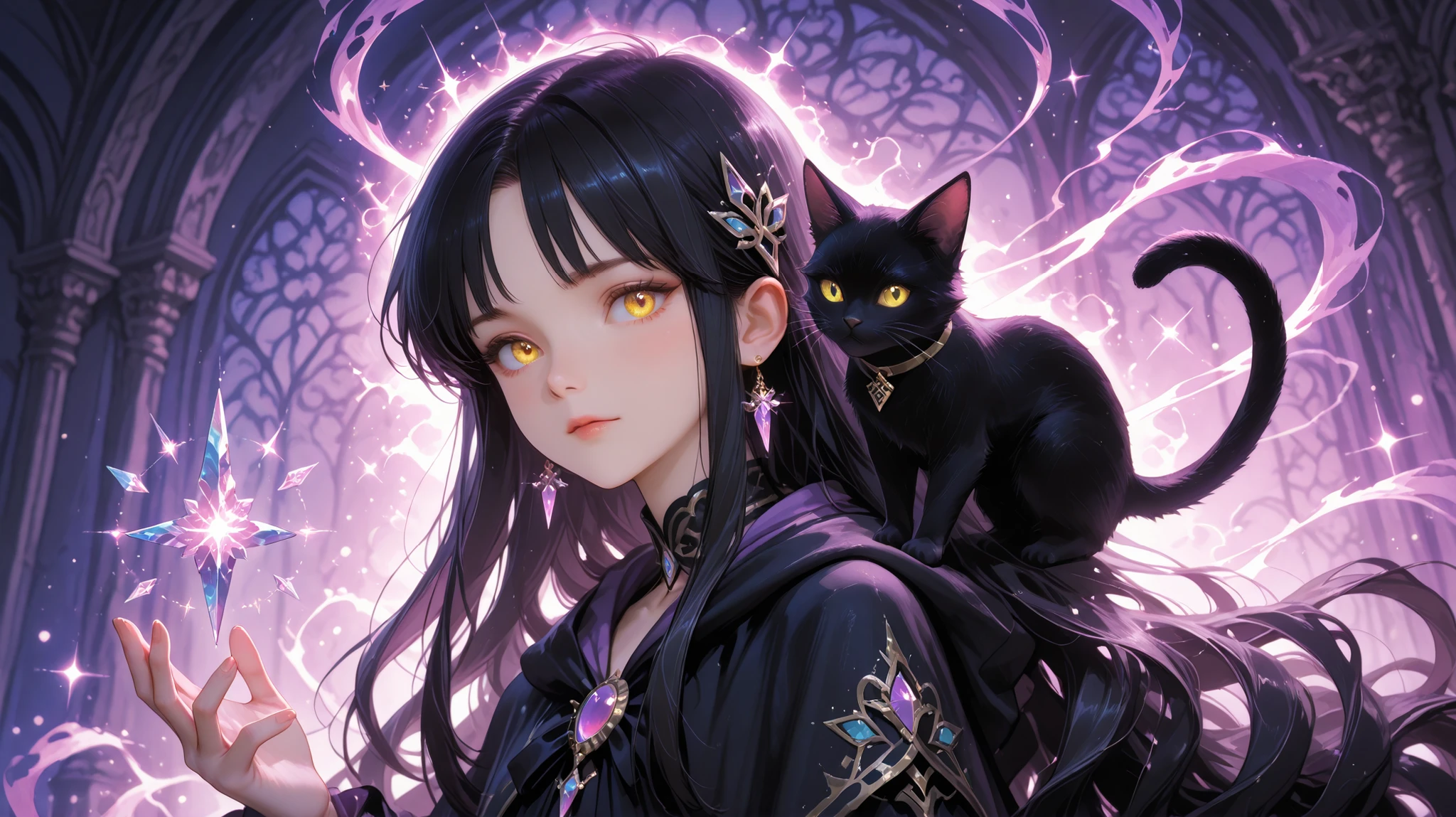 anime illustration of a stylish young witch with long flowing hair, wearing a modern witch outfit with crystal accessories, her sleek black cat familiar perched on her shoulder with glowing yellow eyes, magical sparkles and ethereal purple energy swirling around them, soft moonlit background, Studio Ghibli inspired art style, detailed character design, magical atmosphere