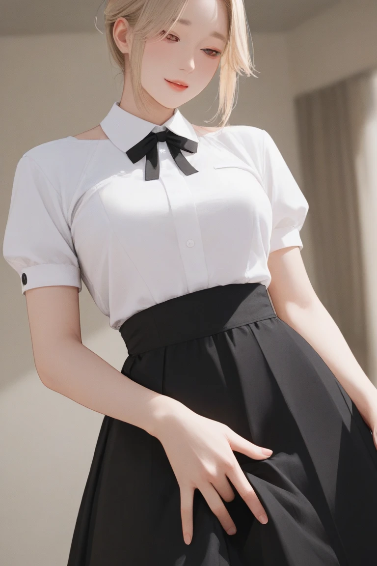 A close up of a woman in a plaid skirt and white shirt - SeaArt AI