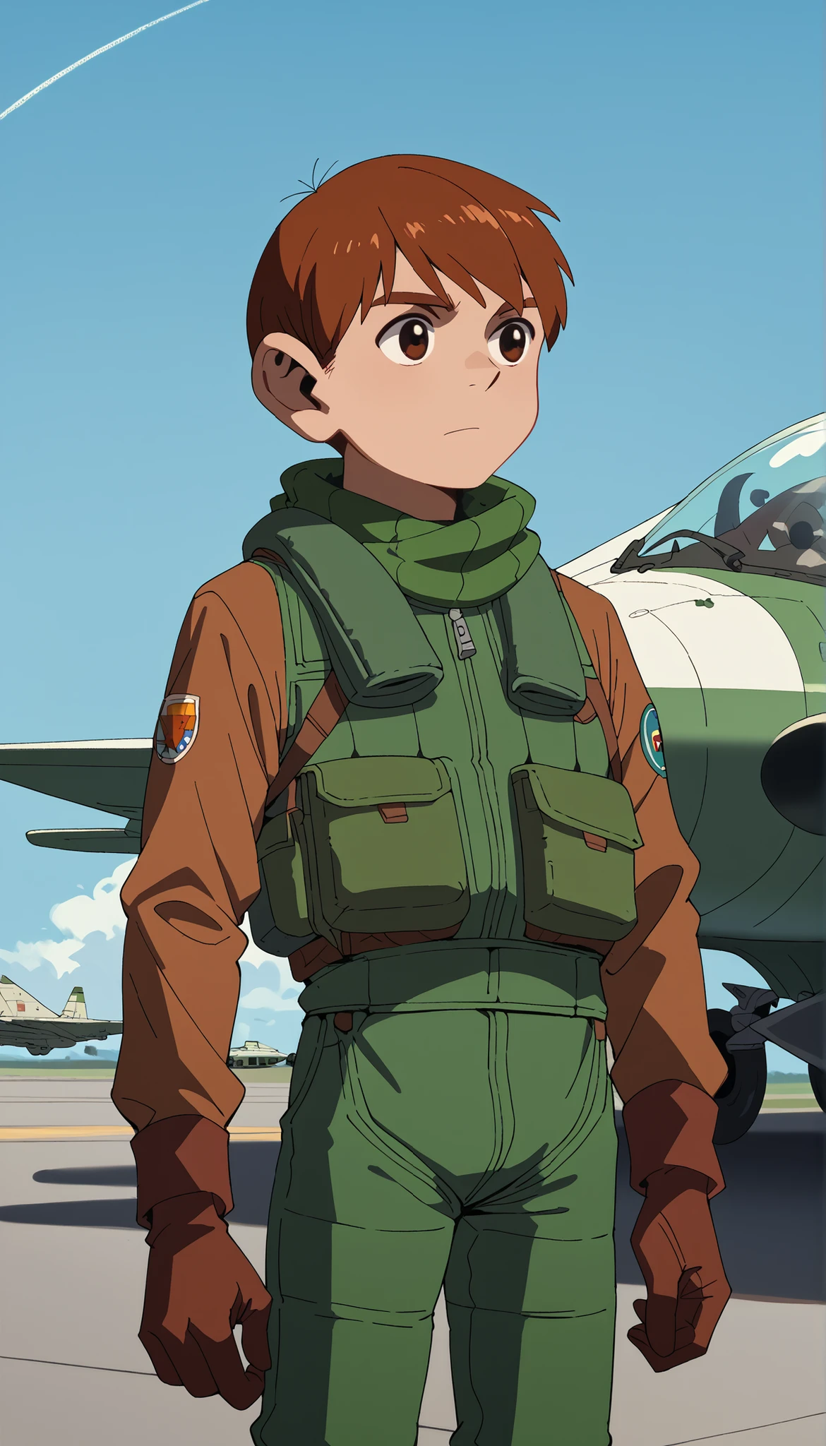 Score_9, score_8_up, score_7_up,masterpiece, best quality, amazing quality ,chilchuck tims, boy, singleboy, 1boy, brown eyes, chilchuck face, very detailed, pilot helmet, color lens, pilotsuit,standing, white backround, airforce station, indoor, simple backround