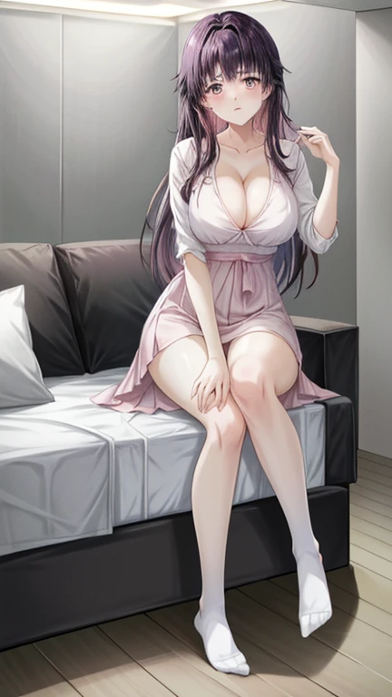 masterpiece, high res, high qualitt, detailed face, detailed body visualization, detailed fingers,beautiful hands,1girl, Solo, Hyuga Hinata, hinata-sleeveless outfit, big breasts, big breasts, sleeveless shirt, openwork top, dark lips, unbuttoned jacket, no bra, breasts out, nipple, Standing, blush, (on bedroom)