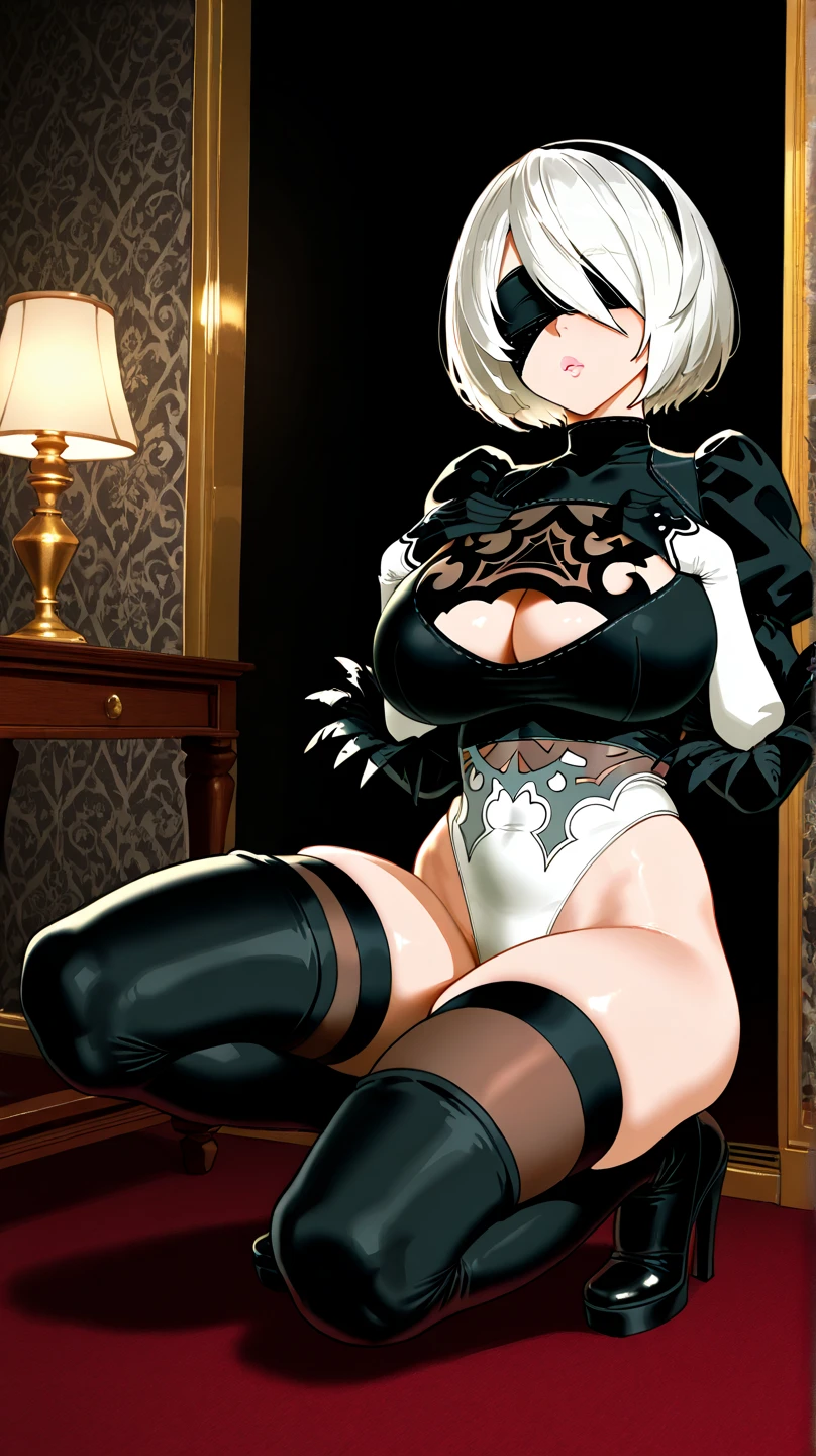 2b, Yorha 2b, by white, blindfold, naked, naked, nude, heels, high heels, socks, pussy, giant breasts,NSFW, +18, gigantic breasts