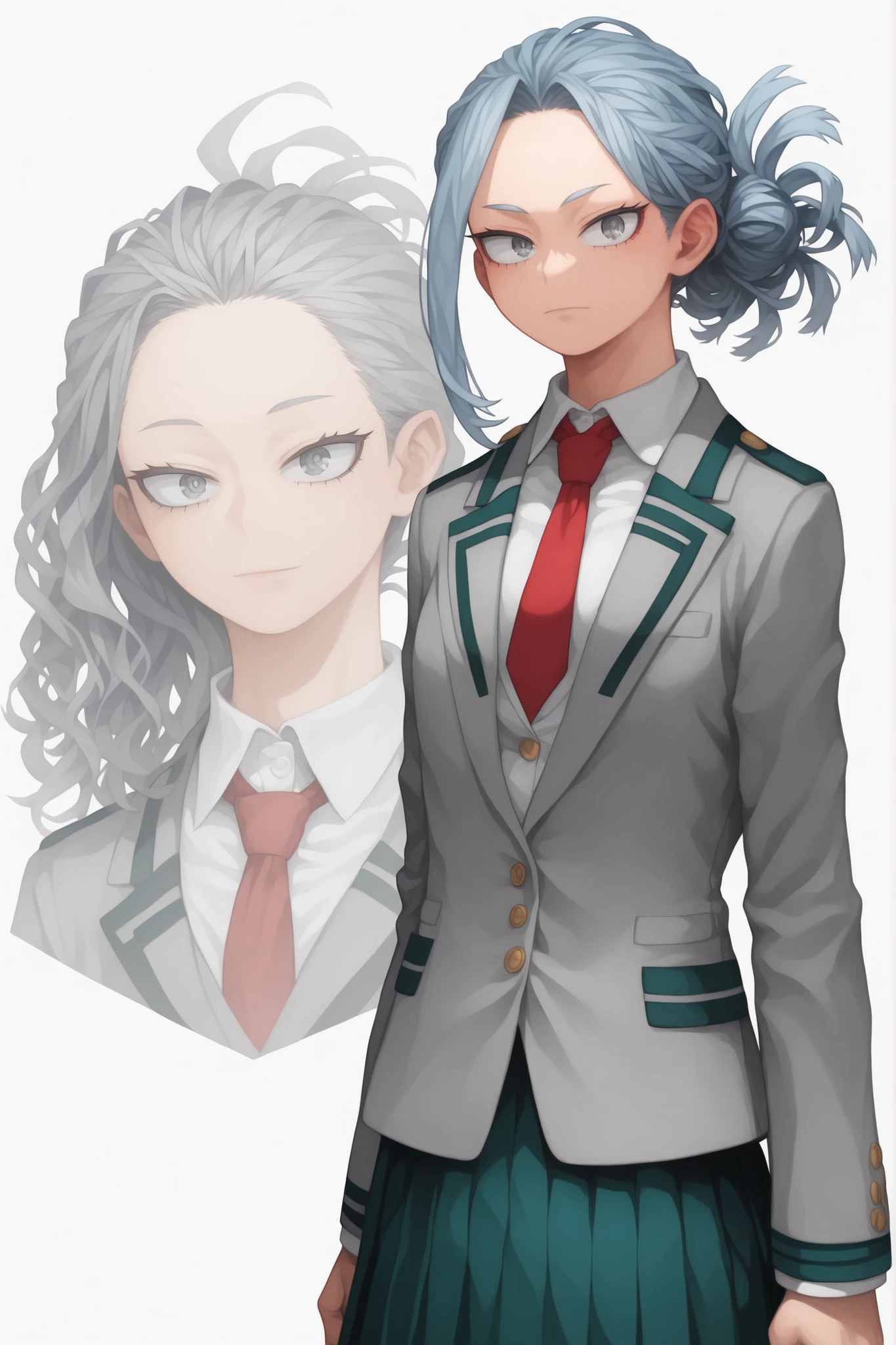 score_9, score_8_up, score_7_up, 1girl, solo, masterpiece, best quality, cool beauty, grayish blue hair, half up hairstyle, hair tied up, gray eyes, striking eyes, beautiful girl, calm expression, confident pose, standing, looking at viewer, detailed face, perfect eyes, white background, character sheet, horikoshi kohei style, my hero academia style, manga style, anime, high resolution, detailed, sharp, colorful, illustration, U.A. high school uniform, gray blazer, red necktie, white shirt, dark gray skirt, school uniform