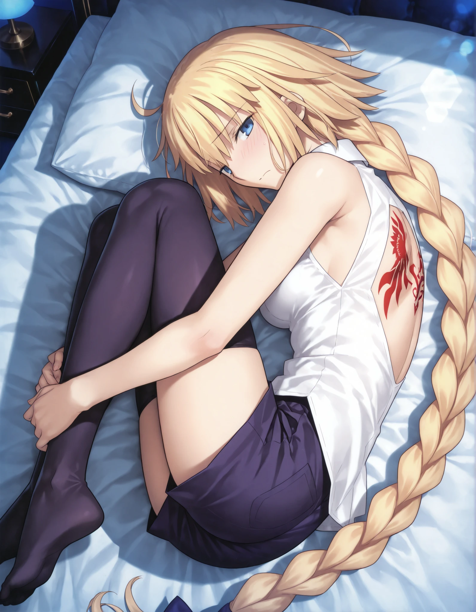 masterpiece, , absurdres, highres, detailed background, high resolution, masterpiece, necessary, detail, best quality, quality, necessary, details, High details, Precise, dark, indoors,(from above, from back ,), ((luxury hotel, dark room)),, lens flare, ,((blue hour)),
1 tall girl, detailed, Takeuchi Takashi (type-moon,tsukihime) style, takeuchi takashi style,(aged up:1.2), light skin,((knees to chest ,fetal position)) ,(long thighs), (on side),(), (red tattoo on back),(),head down , ,
tall girl, slim arms, jeanne d arc, \(fgo\), blue eyes, (half-closed eyes), jeanne d arc, blonde hair, medium hair, big single braid, ((very big braid, huge braid)), , (Backless shirt, white collared shirt, sleeveless), small breasts, looking at viewer, dark purple shorts, dark purple thighhighs, light embarrassed, ,