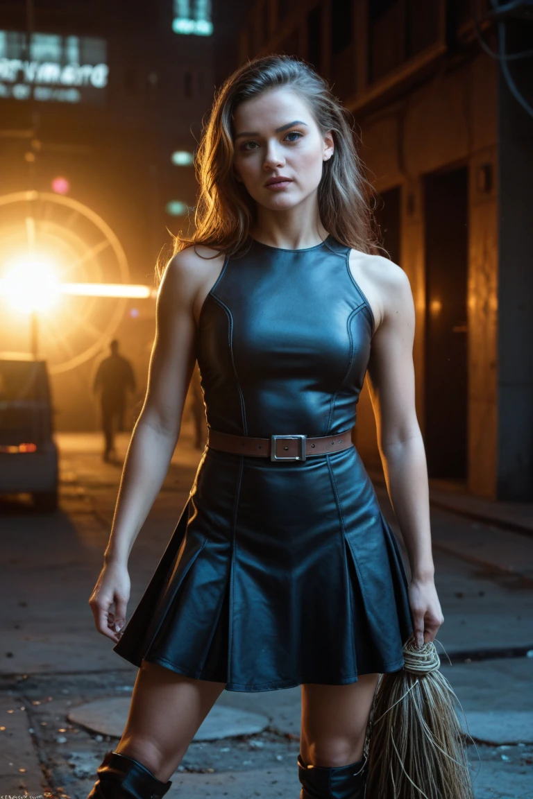 obra maestra, mejor calidad, Emilia Clarke as Qi'ra, behind is standing Darth Maul, brunette curly long hair, sitting in a futuristic room throne room near a window at night, wide open eyes, wears a mini red futuristic dress , misterious, masterpiece, 8k, dinamic pose, holding a star wars gun,