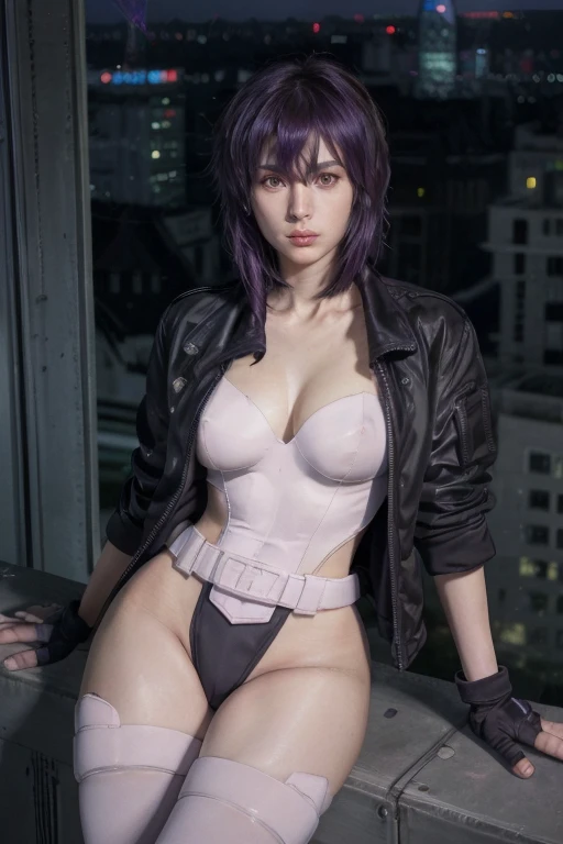 (masterpiece, best quality:1.2), <lora:ghostintheshell_kusanagi_sac-10:0.9>, cowboy shot, solo, 1girl, kusanagi motoko, expressionless, closed mouth, looking at viewer, crossed arms, jacket, leotard, thighhighs, gloves, cleavage