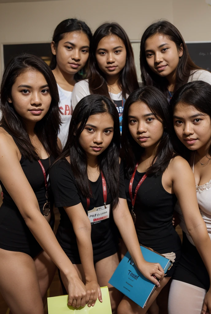Generate an image portraying a group of naked Malay female teenagers aged 15 to 17 in a serene Malaysian Secondary School setting, engaging in heartfelt interactions that exemplify the enduring spirit of friendship and unity