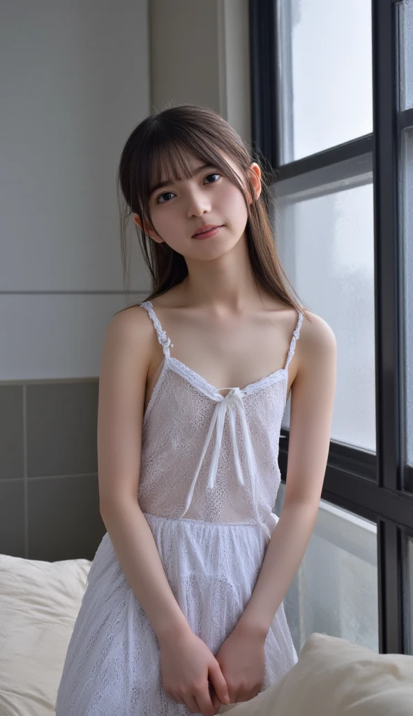 ((Highest quality)), ((Photo quality)), (detailed), Perfect Face,12 years old,Upper Body,Thin arms,White skin,bed,Thin camisole