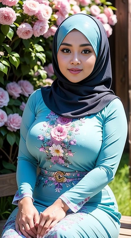 RAW, Best quality, high resolution, Masterpiece: 1.3), Beautiful Malay woman in hijab, Masterpiece, Perfect slim body, (()), Beautiful big eyes, watery eyes, Soft smile, wet lips, bad face, (wearing long dress baju kurung with large floral motifs), (long legging), smiling, windy, skin details, skin texture details, thick thighs,  body, morning time, happy, bright sunlight, flower garden path, blurred background, bokeh