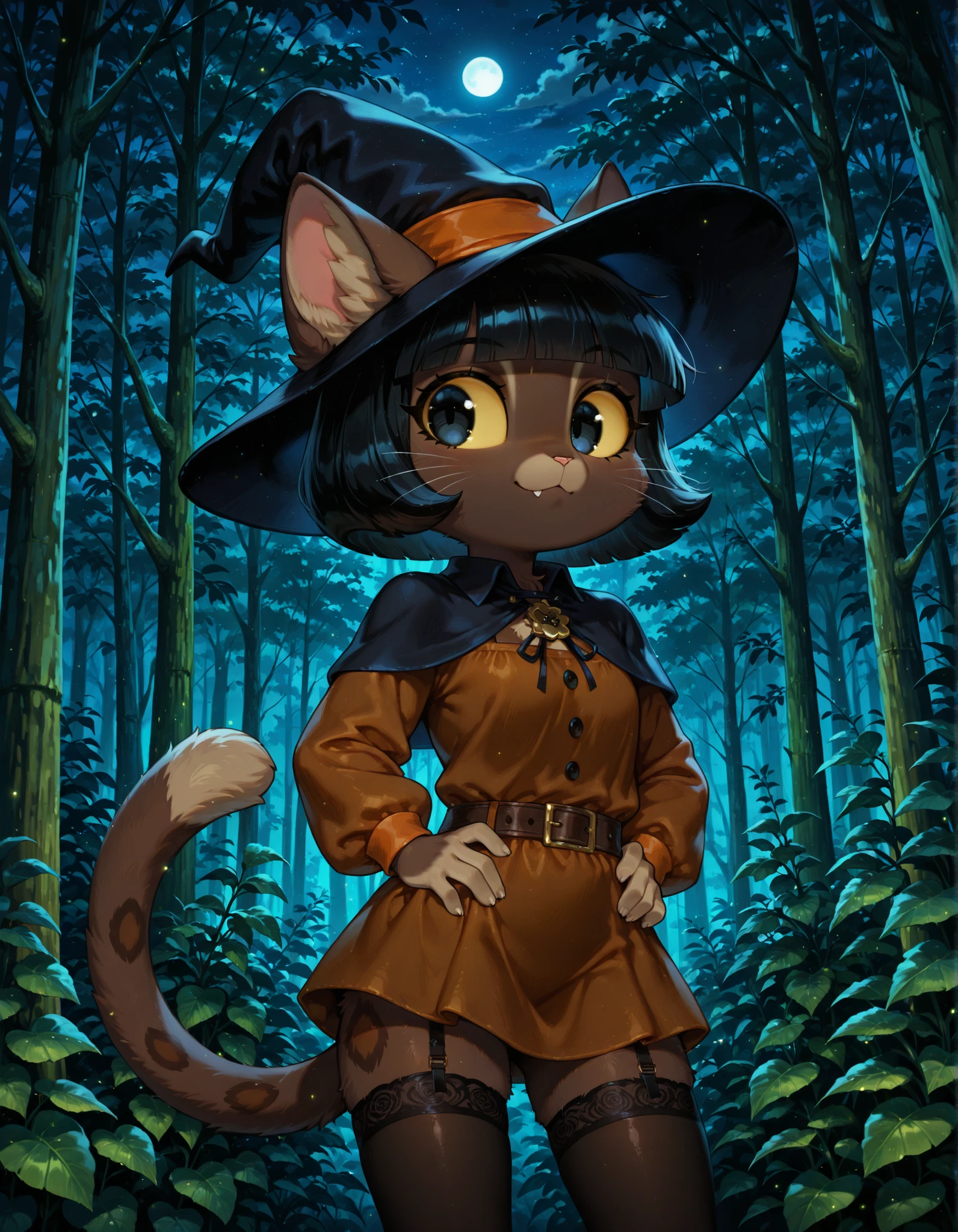 ivyc, 1girl, female, solo, black eyes, yellow sclera, brown fur, black hair, short hair, bob cut, feline, tail,, furry, solo, high detail, 4k, high resolution, Detailed background, spooky forest, night, (Ivy pepper, blunt bangs, black eyes, yellow sclera, furry, dark skin, dark fur, anthro cat, whiskers, cute), (witch hat, witch outfit, stockings)
