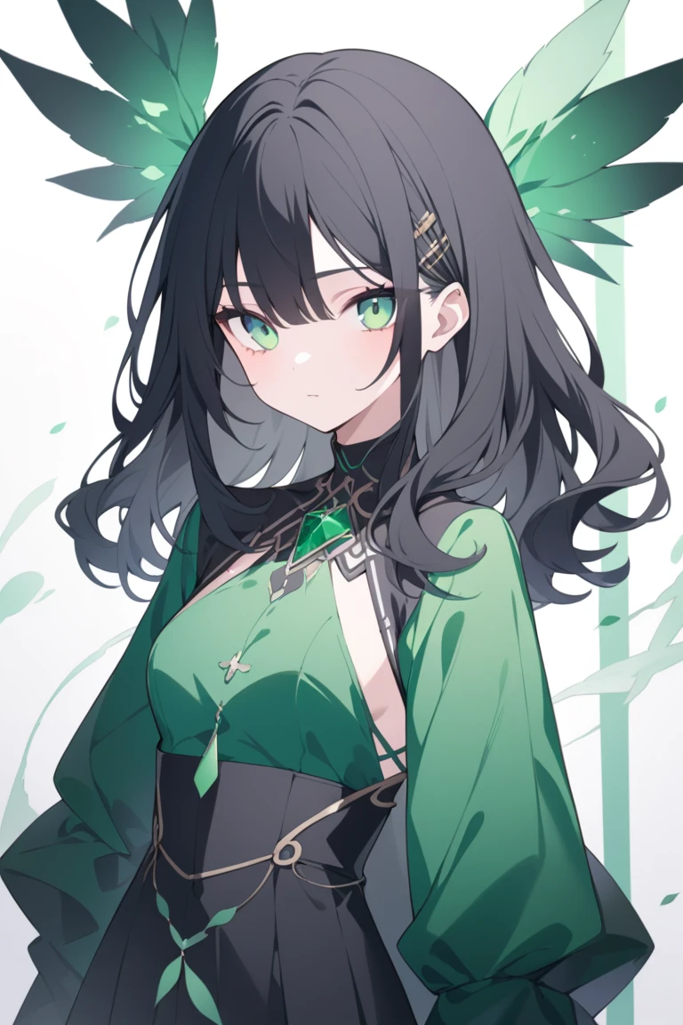 portrait, black hair, long wavy side ponytail, cool, green eyes, dark green cloak, small breasts