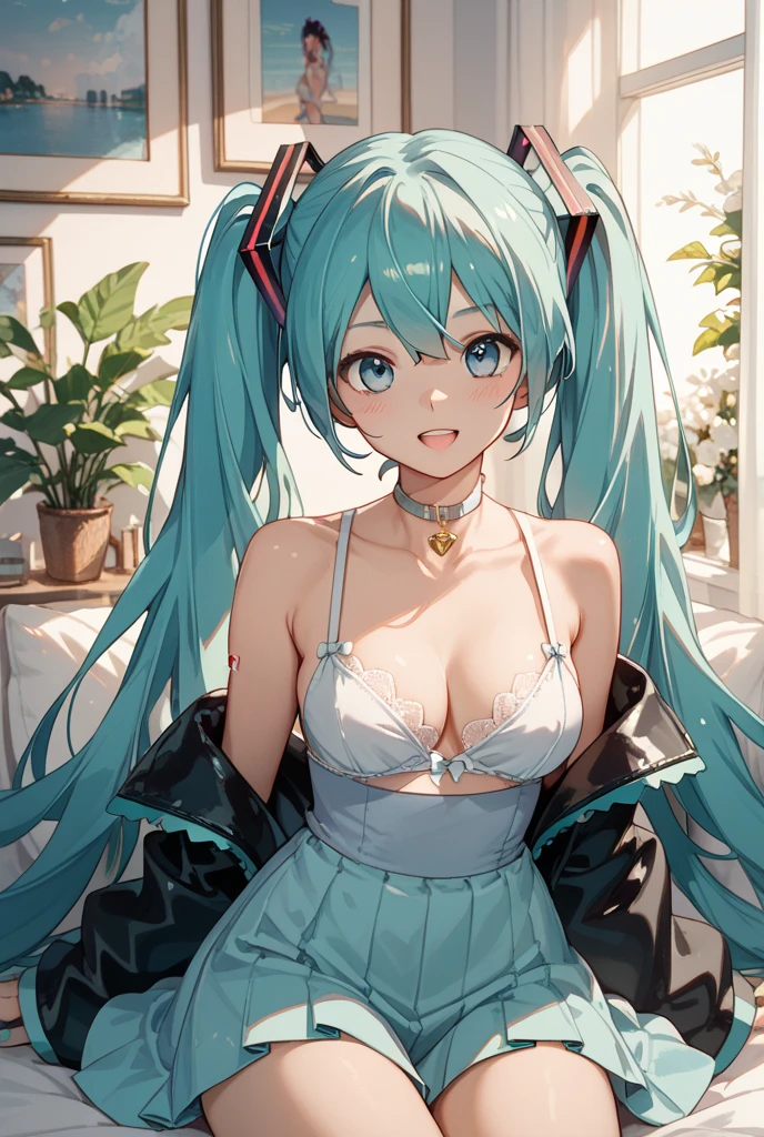Masterpiece, Hatsune Miku, giantess, looming over tiny guy, indoors, glaring, smirk, intimidating, dominant, femdom, looking down on tiny guy, about to crush tiny guy with chest