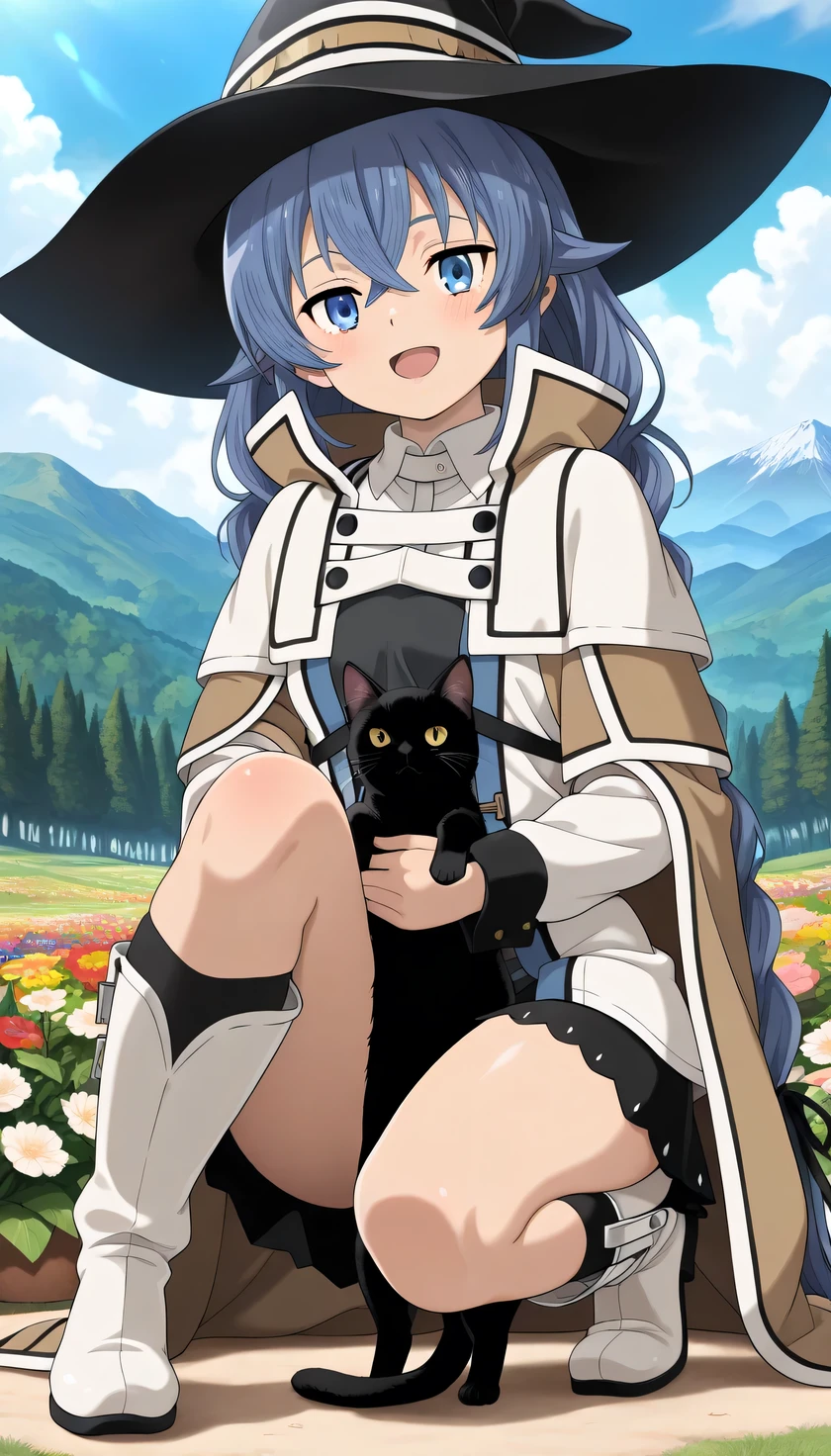 {{{masterpiece}}}, (best quality:1.5), (ultra-detailed:1.5), {illustration}, {{an extremely delicate and beautiful}}, (beautiful detailed eyes:1.2), absurdres, highres, extremely detailed face, 16k, hd, visual anime de uma jovem mulher, extremamente bonito rosto de anime, anime melhor garota, (perfect hands, perfect anatomy), anime face, roxy migurdia(Mushoku Tensei), 1girl, solo, cute face, kawaii, very long hair, blue hair, crossed bangs, sidelocks, braid, black hair ribbon, long hair, twin braids, blue eyes, petite, medium breasts, big hips, curvaceous, BREAK, ,RoxyDress, witch hat, black hat, brown long cape, brown capelet, white jacket, long sleeves, white collar, open clothes, open jacket, black camisole, miniskirt, black skirt, flared skirt, white capelet, black kneehighs socks, white footwear, knee boots, thighs, BREAK, black cats, playing with a cat, smiling, looking at viewer, open mouth, squat, flushed cheeks, flash effect, outdoor, mountain, daytime, forest, flower garden, field, sunshine, peer in from below