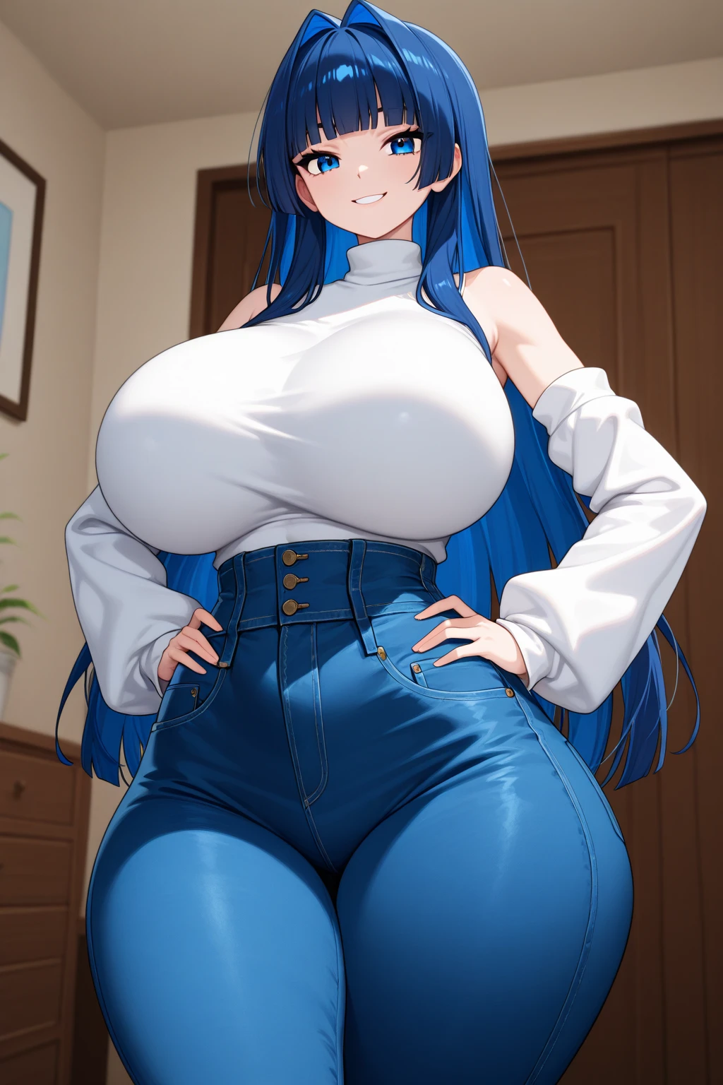 masterpiece, best quality, ultra-detailed, illustration, colorful, flat color, depth of field, 1girl, anime, sona buvelle, blue hair, twintails, blue eyes, looking at viewer, at bedroom, leotard, black pantyhose, hands behind back, lean towards viewer, upper body, gigantic breasts, saggy breasts, milf, blush, seductive smile