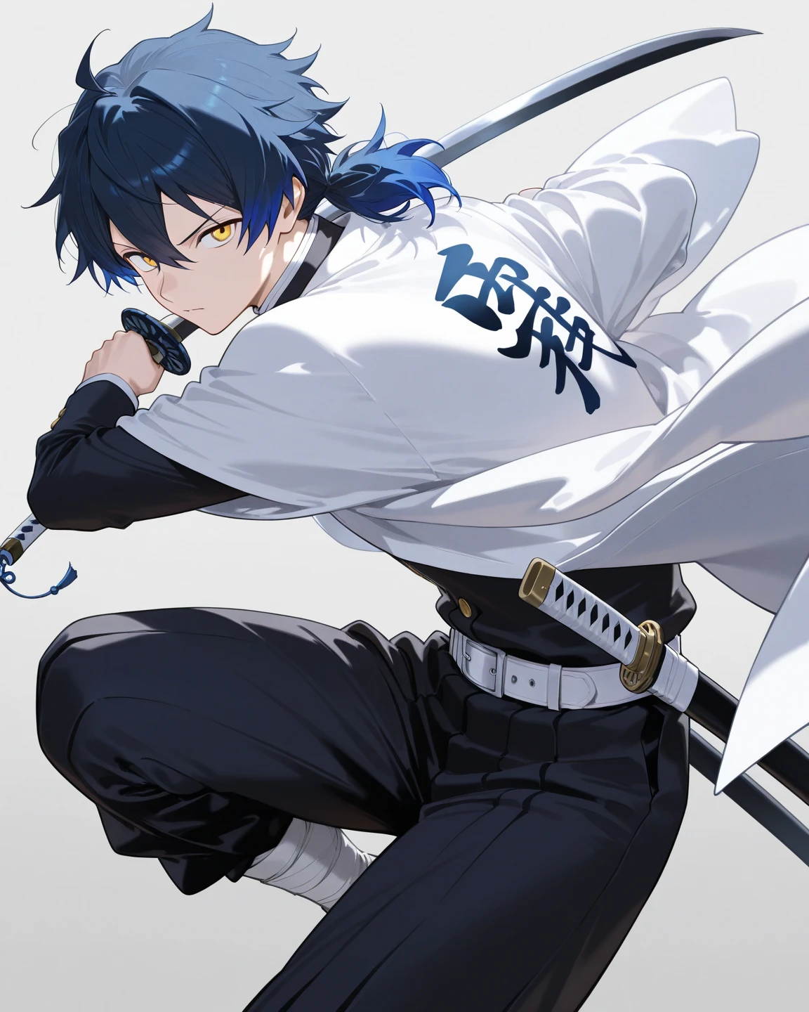 ((highest quality)), ((masterpiece)), (be familiar with), BLEACH,Soi Fon, 1 girl, alone, black hair, clothes,pants, Slender,slender,short hair with long locks, short hair, small breasts, gloves,