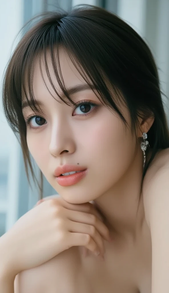 Canon RF85mm f/1.2,masterpiece,best quality,ultra highres,vc,1 girl,(korean mixed,kpop idol:1.2),solo,white_shiny_skin,black eyes,necklace,((black_wavy_hair)),(shiny_lips),eyelashes,blunt bangs,aface,make-up,shiny,Pore,skin texture, cleavage, earrings, hair ornament, jewelry, (completely nude), upper body, RAW photo, 8k uhd, film grain
