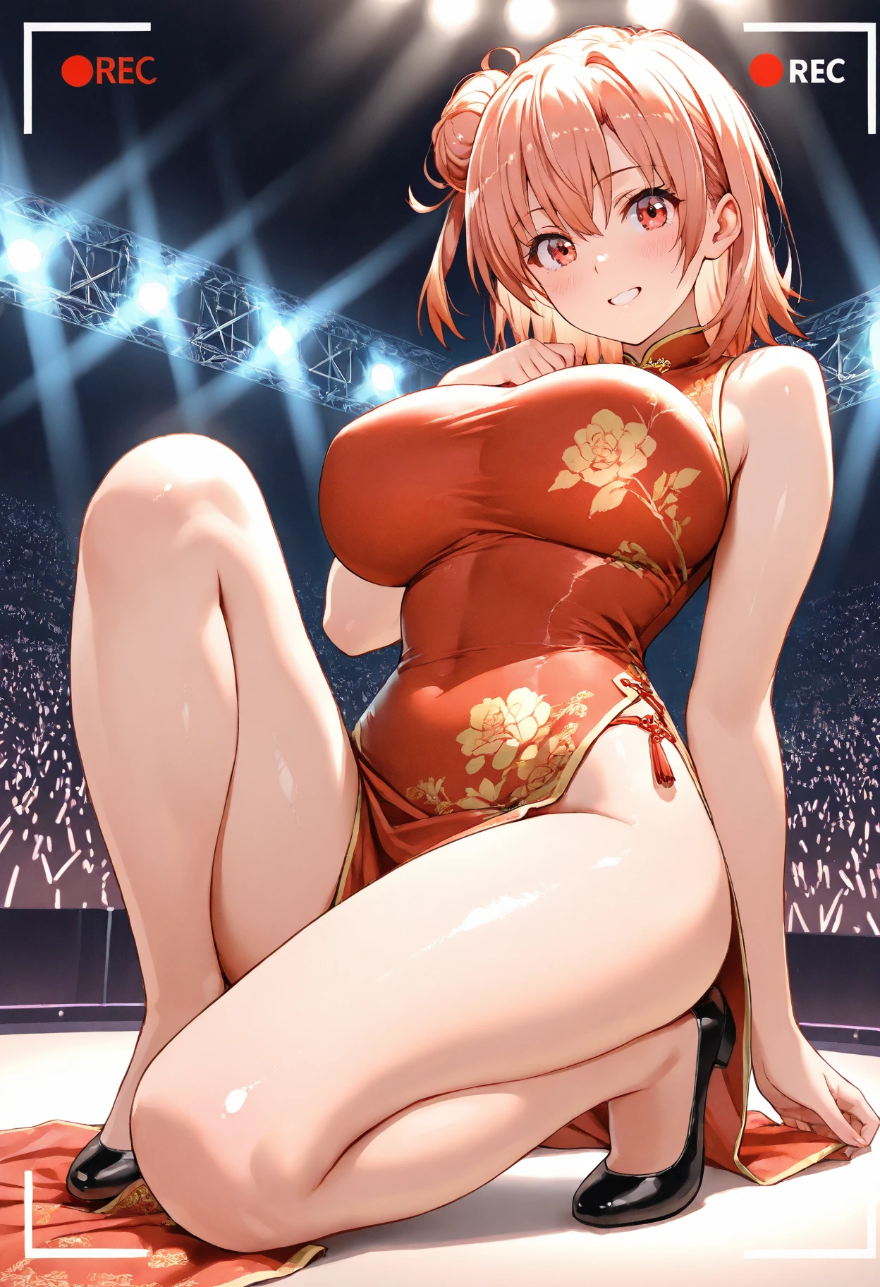 Nsfw,(highest quality,8K,32k,masterpiece),(High resolution),Super detailed,very beautiful face and eyes,1 girl,(close,highest quality,high detail,Rich skin details),(highest quality,8K,oil paint:1.2),Super detailed,tareme,     
                                                                                                         Blond hair,short hair，Complements a variety of shades of black，There is a delicate makeup，shining face，Exquisite，Brilliantred eyes,Feel like a sweet girl,gigantic breast,nipples,pussy,spread legs,(China dress:1.2),(in stage:1.5),(full-face blush:1.5),(standing naked men,penis,handjob:1.5) ,(people, crowd: 1.3)
              
