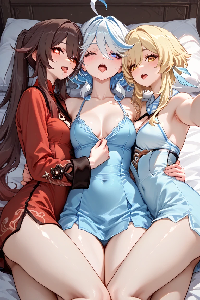top quality, 8k, masterpiece, white hair, g top quality, night, dim lamp, bed, masterpiece, gray hair, golden eyes, white cheongsam, medium hair, volume perm, open dress, miniskirt, cleavage, lying on back Sleeping, ((open legs wide)) no panties, exposed genitals, (hard nipples), hands raised above head, looking at ceiling, painful face, drooling, pale skin, white breath, side braids, red face, shot from below