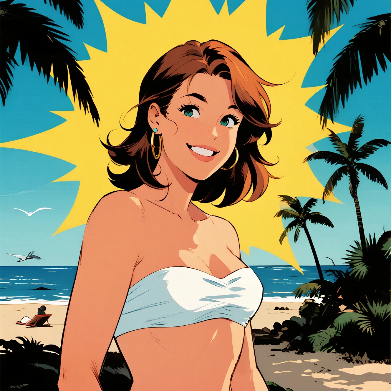Beautiful latin american woman with tanned skin, freckles, Platinum blonde long hair with brown tips, wearing a white bikini, (1 Girl), (adult woman), (Full Body), Beautiful face, smiling, sexy pose, standing on a beach, (Sexy Pose), ((Perfect face)), ((hyper bronze skin)), ((tan skin)), natural light, beautiful lighting, beautiful colors, semi realistic style, ((Beautiful detailed eyes)), ((Beautifull detailed face)), ((high detail)), ((High Definition)), (Flat Colors), (Celshading), (Illustration style), ((Lineart)), ((Perfect Lines))