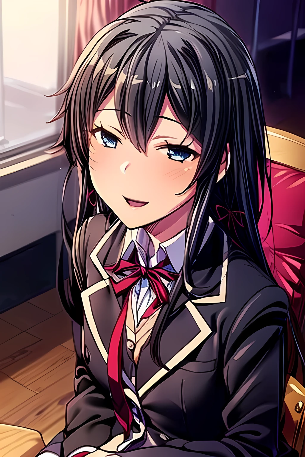 smile,open mouth,yukinoshita_yukino, long_hair, black_hair, red_ribbon,blue eyes,sobu high school uniform,((uiharu_kazari)),((masterpiece))), ((best quality)), (ultra-detailed), ((an extremely delicate and beautiful)),(unity 8k wallpaper),school,sitting chair