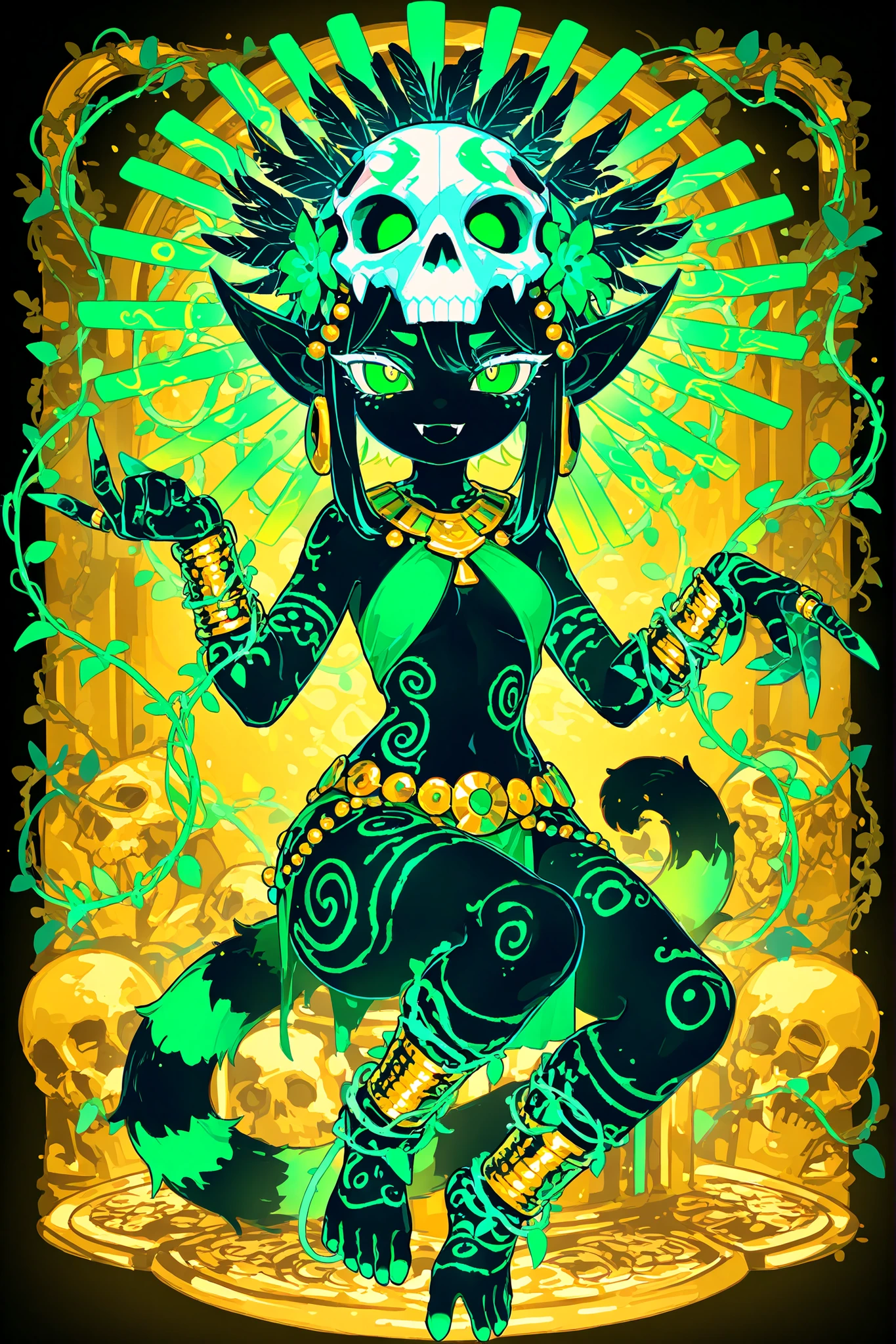 Pagan goddess of the ancient Aztecs. She is a athletic miniature goblin lady with wide hips, small breasts, and large long pointed ears. She has a long multicolored striped smooth tail with tassel. She has green eyes with narrow pupils. She has short  black mane with white highlighted strands, striped black-and-white strands. she has black copper skin covered with body art and ethnic war paint. She is wearing a green minitop and a green loincloth. She wearing  a golden belt with a skulls. She wearing  claw-rings on each finger, and a lot of gold bracelets with gems on her wrists and ankles. She wearing gold beads jewelry. She wearing  heavy green crystal rounded earrings. She wears an Aztec feather crown with skull on her head decorated with colorful feathers and beads made of fangs. (On the background: Aztec temple in jungle, golden throne room. Blooming oasis with palms,flowering vines. Birds of paradise and toucans are flying in the sky.)