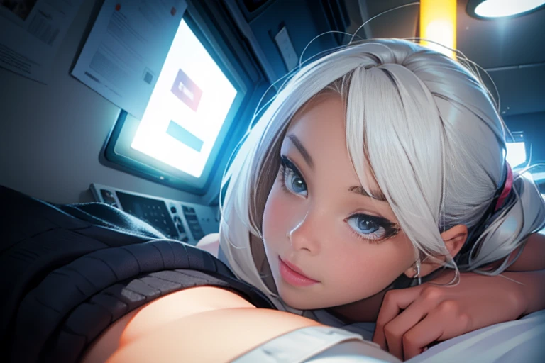 Anime girl with white hair and expressive blue eyes, Abundant  and sensual curves, Young realistic anime girl, Realistic anime art style, Anime style,,8K, Attractive