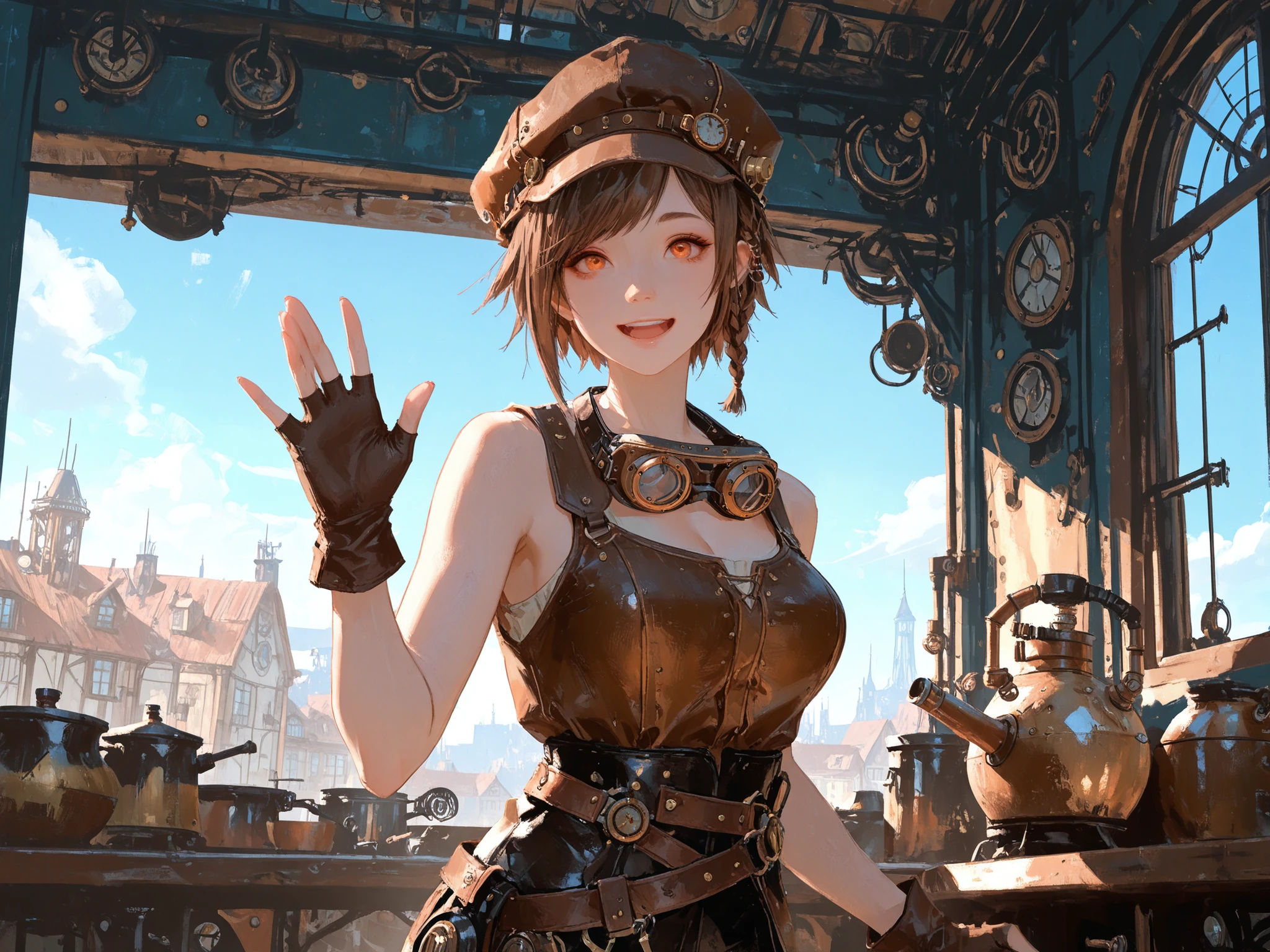 medium shot, front shot, looking at viewers, makes an aesthetic, Master piece, Best Quality, ultra detailed, a beautiful girl, solo, short brown hair, pixie cut, side braid, dark-brown cabbie hat, orange eyes, swept bangs, very happy, large breast, waving, steampunk-style leather gear, sleeveless taut gear, fingerless leather gloves, hang steampunk-style goggles around neck,  window of blacksmith's shop in background, steampunk-style city, steampunk world, morning, blue sky