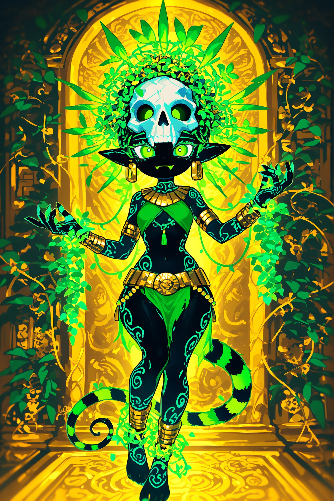 Pagan goddess of the ancient Aztecs. She is a athletic miniature goblin lady with wide hips, small breasts, and large long pointed ears. She has a long multicolored striped smooth tail with tassel. She has green eyes with narrow pupils. She has short  black mane with white highlighted strands, striped black-and-white strands. she has black copper skin covered with body art and ethnic war paint. She is wearing a green minitop and a green loincloth. She wearing  a golden belt with a skulls. She wearing  claw-rings on each finger, and a lot of gold bracelets with gems on her wrists and ankles. She wearing gold beads jewelry. She wearing  heavy green crystal rounded earrings. She wears an Aztec feather crown with skull on her head decorated with colorful feathers and beads made of fangs. (On the background: Aztec temple in jungle, golden throne room. Blooming oasis with palms,flowering vines. Birds of paradise and toucans are flying in the sky.)