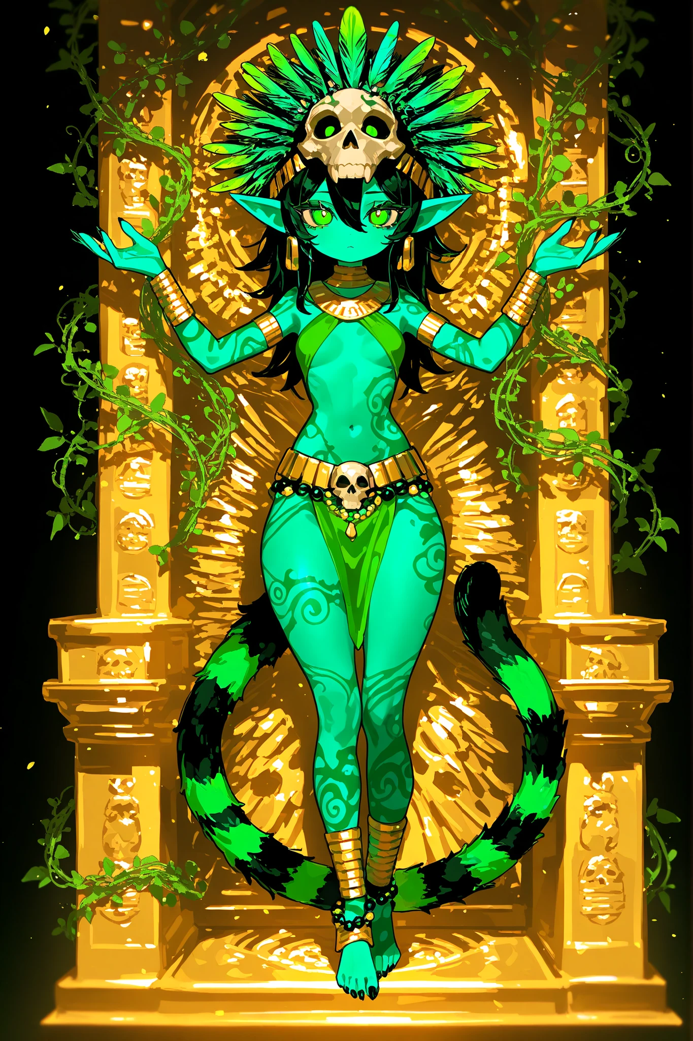 Pagan goddess of the ancient Aztecs. She is a athletic miniature goblin lady with wide hips, small breasts, and large long pointed ears. She has a long multicolored striped smooth tail with tassel. She has green eyes with narrow pupils. She has short  black mane with white highlighted strands, striped black-and-white strands. she has black copper skin covered with body art and ethnic war paint. She is wearing a green minitop and a green loincloth. She wearing  a golden belt with a skulls. She wearing  claw-rings on each finger, and a lot of gold bracelets with gems on her wrists and ankles. She wearing gold beads jewelry. She wearing  heavy green crystal rounded earrings. She wears an Aztec feather crown with skull on her head decorated with colorful feathers and beads made of fangs. (On the background: Aztec temple in jungle, golden throne room. Blooming oasis with palms,flowering vines. Birds of paradise and toucans are flying in the sky.)