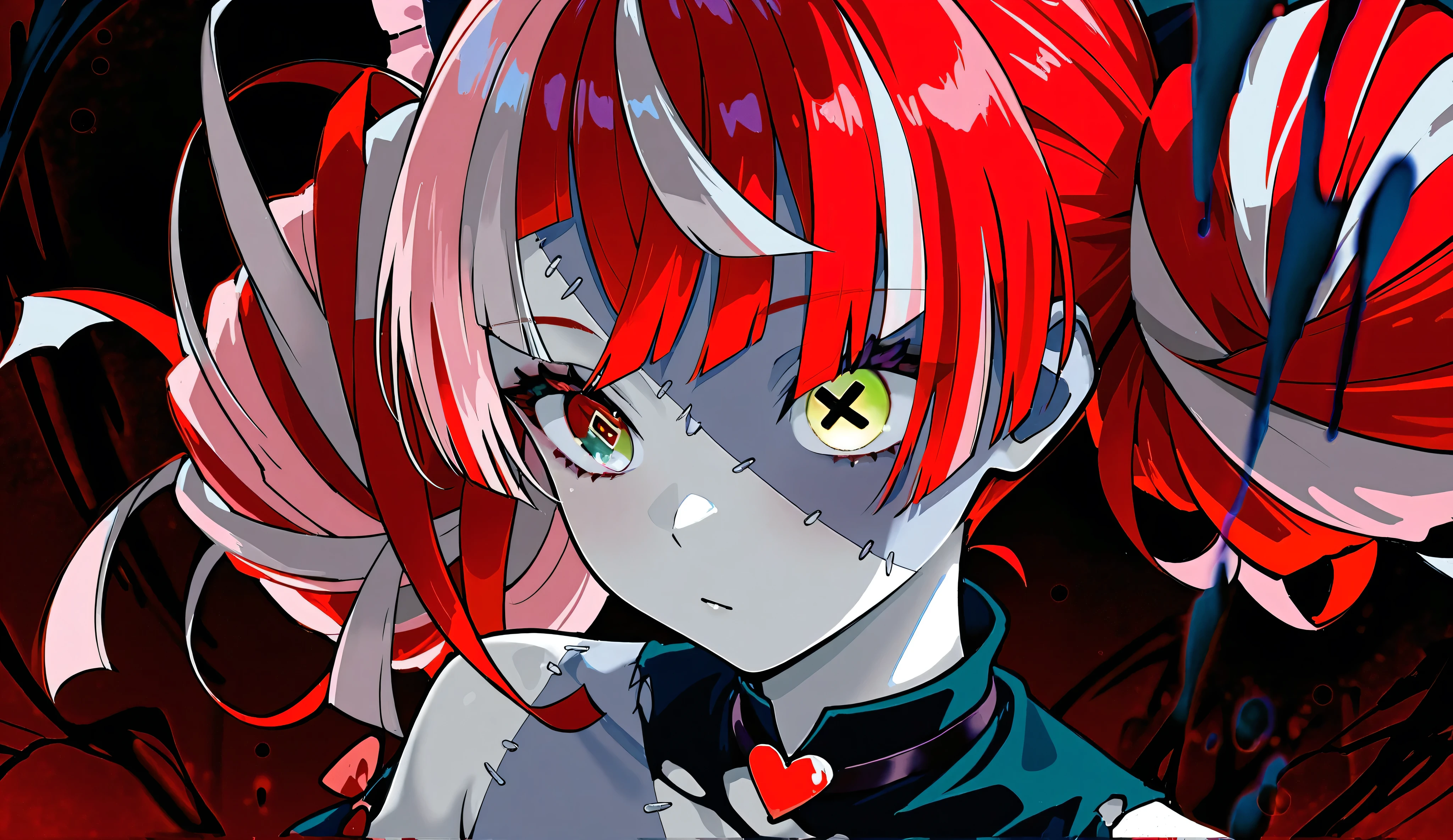 Kureiji Ollie, Virtual YouTuber, heterochromia, stitches on the face, darkness, red abstract background, close-up