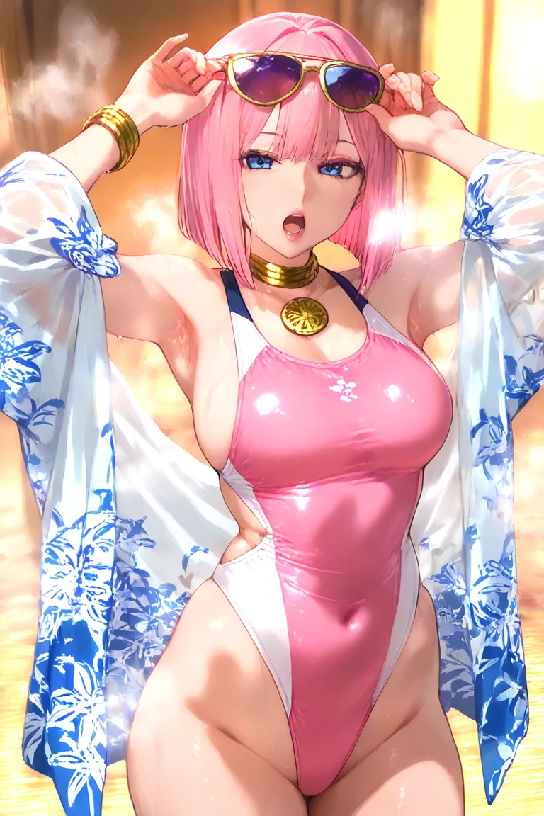 A beautiful woman with short pink hair, purple eyes, bunny ears, standing on a stunning paradise beach, masterpiece, photorealistic, cinematic lighting, vibrant colors, highly detailed, intricate details, elegant, graceful, alluring, seductive, flowing dress, soft skin, glowing, ethereal, mystical, serene, tranquil, sun-kissed, warm tones, golden hour, ocean waves, sandy beach, palm trees, lush vegetation