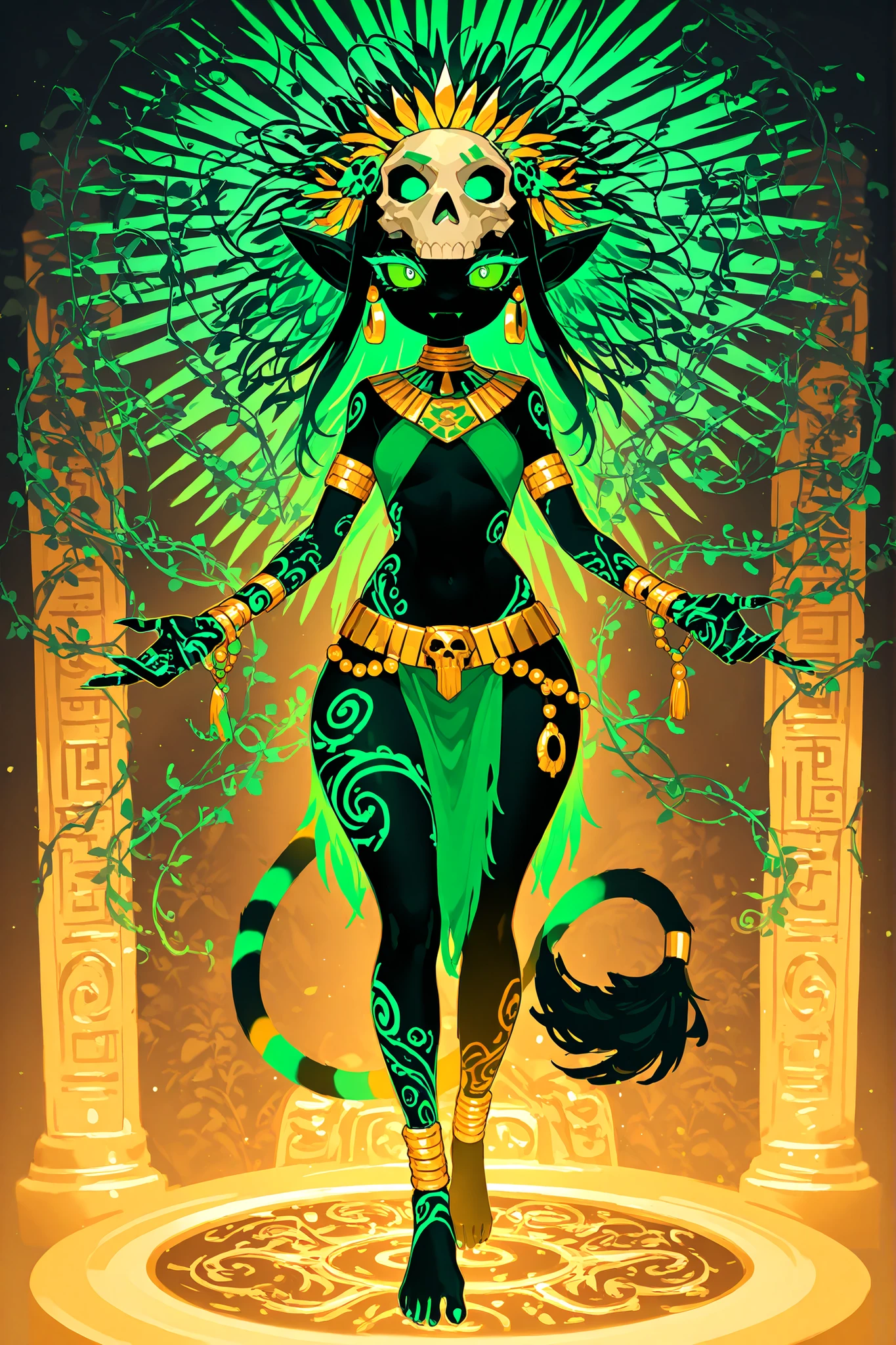 Pagan goddess of the ancient Aztecs. She is a athletic miniature goblin lady with wide hips, small breasts, and large long pointed ears. She has a long multicolored striped smooth tail with tassel. She has green eyes with narrow pupils. She has short black mane with white highlighted strands, striped black-and-white strands. she has black copper skin covered with body art and ethnic war paint. She is wearing a green minitop and a green loincloth. She wearing a golden belt with a skulls. She wearing claw-rings on each finger, and a lot of gold bracelets with gems on her wrists and ankles. She wearing gold beads jewelry. She wearing heavy green crystal rounded earrings. She wears an Aztec feather crown with skull on her head decorated with colorful feathers and beads made of fangs. (On the background: Aztec temple in jungle, golden throne room. Blooming oasis with palms,flowering vines. Birds of paradise and toucans are flying in the sky.)
