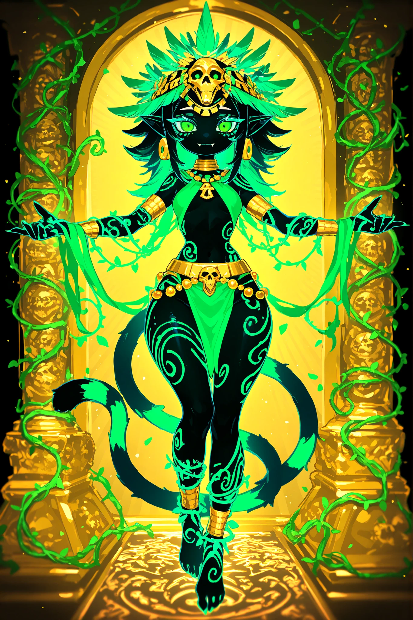 Pagan goddess of the ancient Aztecs. She is a athletic miniature goblin lady with wide hips, small breasts, and large long pointed ears. She has a long multicolored striped smooth tail with tassel. She has green eyes with narrow pupils. She has short black mane with white highlighted strands, striped black-and-white strands. she has black copper skin covered with body art and ethnic war paint. She is wearing a green minitop and a green loincloth. She wearing a golden belt with a skulls. She wearing claw-rings on each finger, and a lot of gold bracelets with gems on her wrists and ankles. She wearing gold beads jewelry. She wearing heavy green crystal rounded earrings. She wears an Aztec feather crown with skull on her head decorated with colorful feathers and beads made of fangs. (On the background: Aztec temple in jungle, golden throne room. Blooming oasis with palms,flowering vines. Birds of paradise and toucans are flying in the sky.)