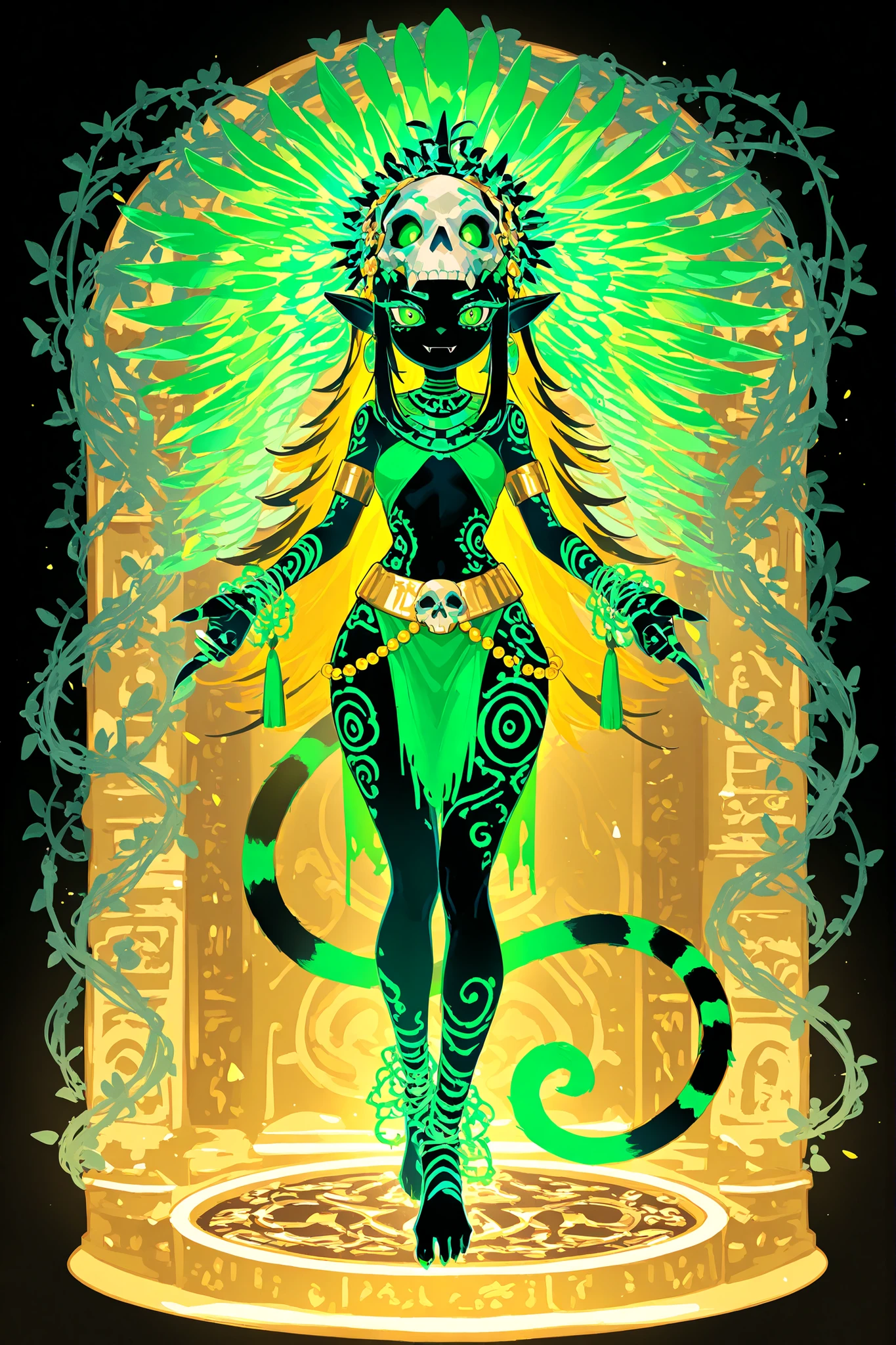 Pagan goddess of the ancient Aztecs. She is a athletic miniature goblin lady with wide hips, small breasts, and large long pointed ears. She has a long multicolored striped smooth tail with tassel. She has green eyes with narrow pupils. She has short black mane with white highlighted strands, striped black-and-white strands. she has black copper skin covered with body art and ethnic war paint. She is wearing a green minitop and a green loincloth. She wearing a golden belt with a skulls. She wearing claw-rings on each finger, and a lot of gold bracelets with gems on her wrists and ankles. She wearing gold beads jewelry. She wearing heavy green crystal rounded earrings. She wears an Aztec feather crown with skull on her head decorated with colorful feathers and beads made of fangs. (On the background: Aztec temple in jungle, golden throne room. Blooming oasis with palms,flowering vines. Birds of paradise and toucans are flying in the sky.)