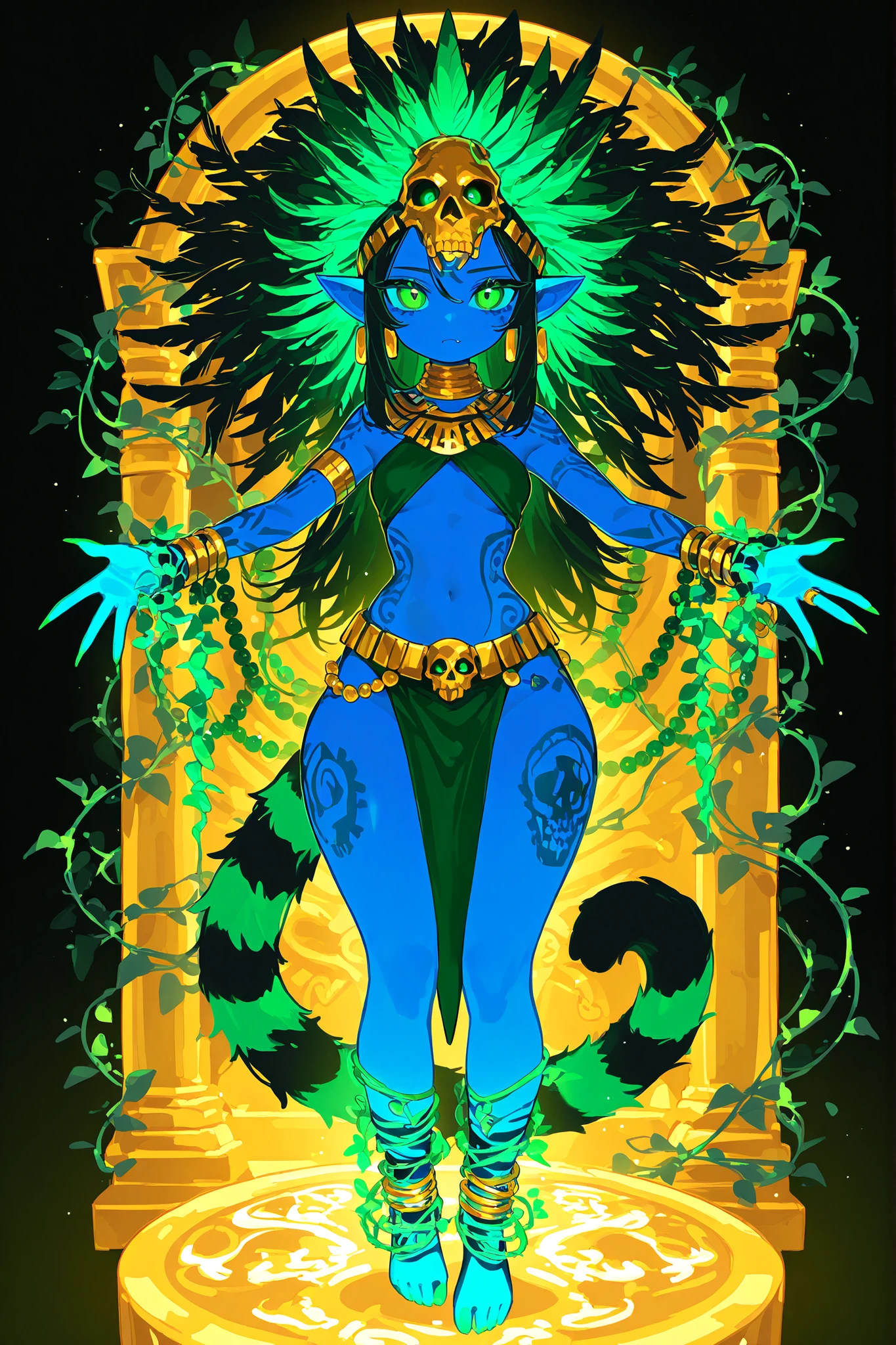 Pagan goddess of the ancient Aztecs. She is a athletic miniature goblin lady with wide hips, small breasts, and large long pointed ears. She has a long multicolored striped smooth tail with tassel. She has green eyes with narrow pupils. She has short black mane with white highlighted strands, striped black-and-white strands. she has black copper skin covered with body art and ethnic war paint. She is wearing a green minitop and a green loincloth. She wearing a golden belt with a skulls. She wearing claw-rings on each finger, and a lot of gold bracelets with gems on her wrists and ankles. She wearing gold beads jewelry. She wearing heavy green crystal rounded earrings. She wears an Aztec feather crown with skull on her head decorated with colorful feathers and beads made of fangs. (On the background: Aztec temple in jungle, golden throne room. Blooming oasis with palms,flowering vines. Birds of paradise and toucans are flying in the sky.)