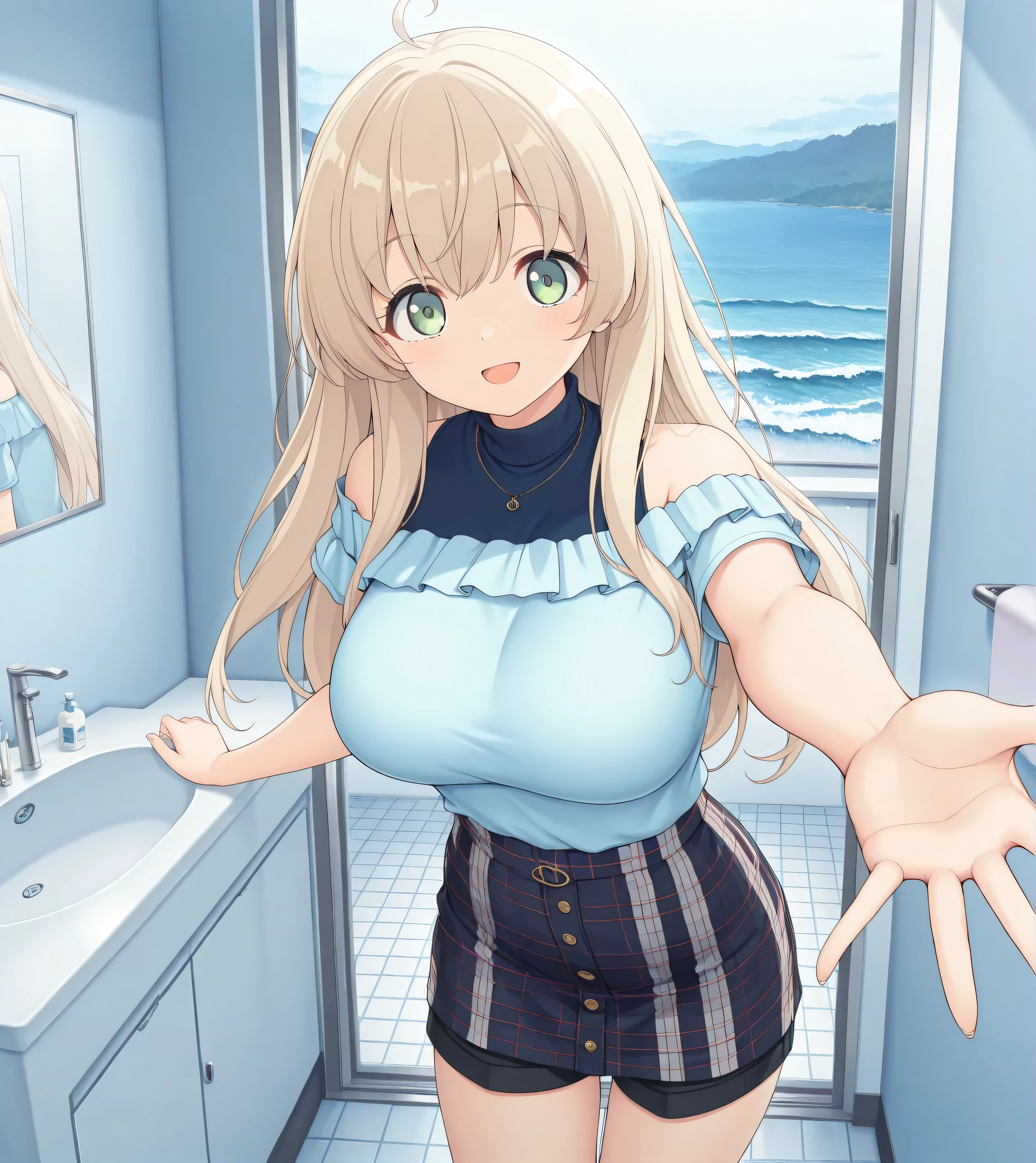 masterpiece, best quality, highres, scenery, newest, 1girl, official style, shorts hairs, green eyes, sweaters outfits, blue light shirt, short sleeves, plaid skirt, fully shoulders, looking at viewer, smile open mouth, outdoor, frontal view, normal breast, bathroom, wave hand, cute face,