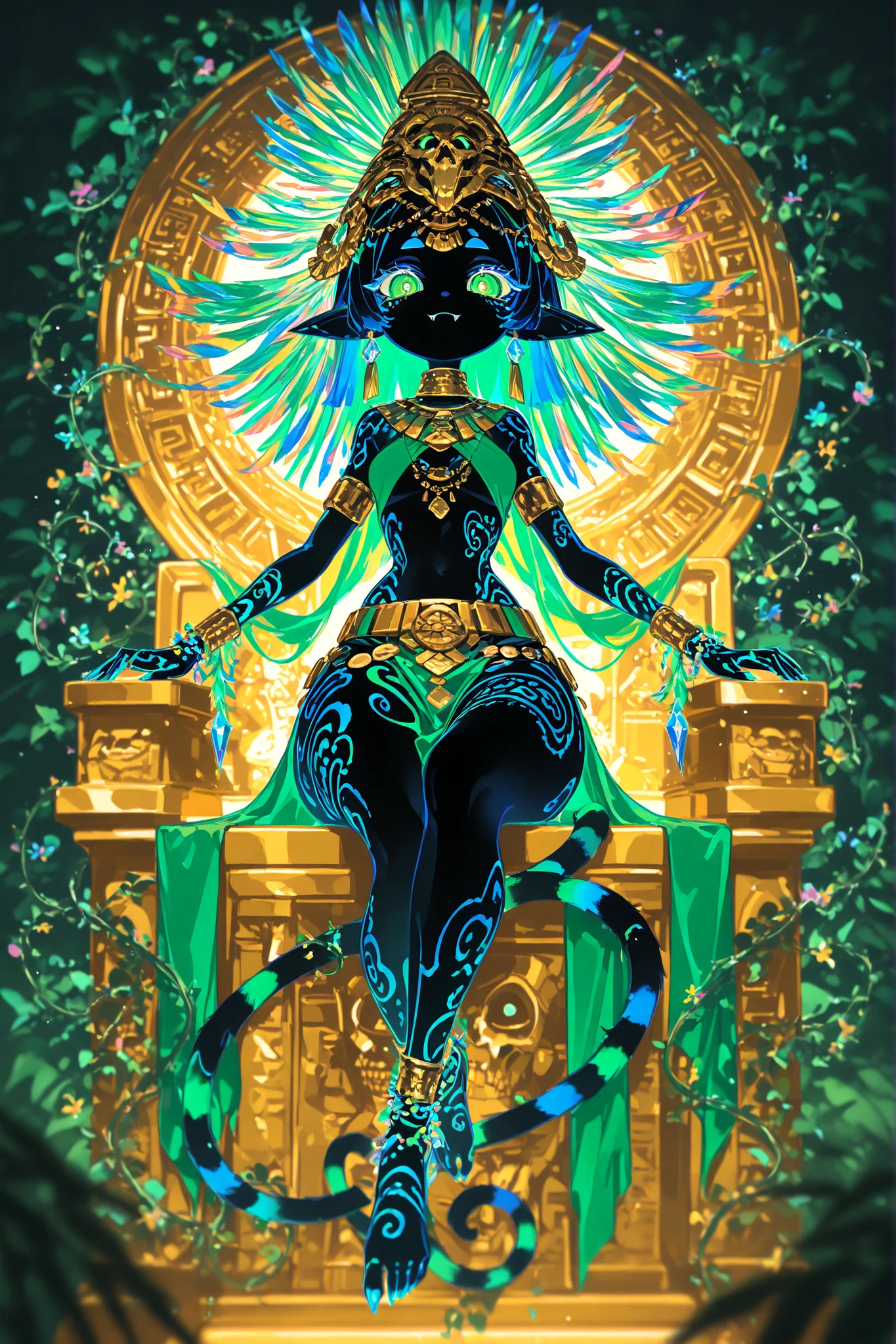 (M3s0, jewelry, hair ornament,) Pagan goddess of the ancient Aztecs. She is a athletic miniature goblin lady with wide hips, small breasts, and large long pointed ears. She has a long multicolored striped smooth tail with tassel. She has green eyes with narrow pupils. She has short black mane with white highlighted strands, striped black-and-white strands. she has black copper skin covered with body art and ethnic war paint. She is wearing a green minitop and a green loincloth. She wearing a golden belt with a skulls. She wearing claw-rings on each finger, and a lot of gold bracelets with gems on her wrists and ankles. She wearing gold beads jewelry. She wearing heavy green crystal rounded earrings. She wears an Aztec feather crown with skull on her head decorated with colorful feathers and beads made of fangs. (On the background: Aztec temple in jungle, golden throne room. Blooming oasis with palms,flowering vines. Birds of paradise and toucans are flying in the sky.)