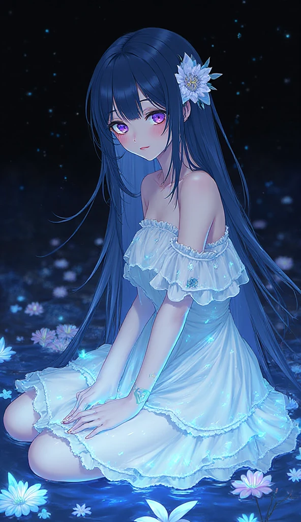 illustration, cinematic light, highres, highest quallity, ultra detailed, detailed face, (detailed eyes), best quality, hyper detailed, masterpiece, (detailed face), clean face, mature woman wears (torn) cloths, floating cloth, , choker, open cloths, , high heels, blue eyes, neon tiny glowing hair ends, dark fantasy forest, glowing plants with neon details, dark magic, (portal:1.15) to the underworld in the background, light reflection, heart shaped iris, playful eyes, open shoulder, rain, (wet body), tiny glowing butterfly, hair jewery