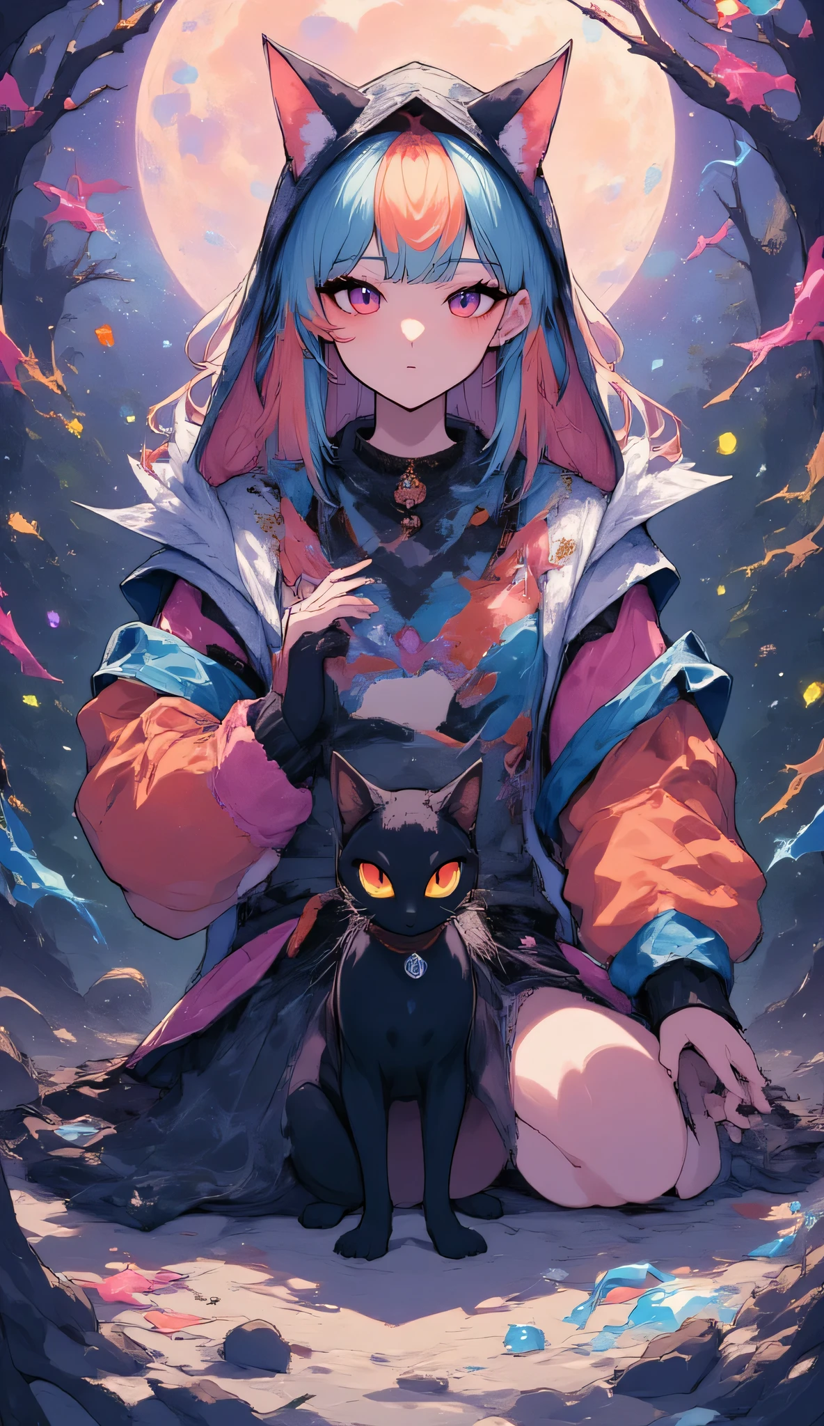 black,Cat and witch,High Quality,Fantasy,real,Portrait,Hi Deteal,4K,Realistic,beautiful,Bokeh,Dramatic,dark,autumn,moonlight,Magical Vibes,front,Sitting,Clear Eyes,pointed ears,Long and slender body type,Flexible Movement,transparent magical energy