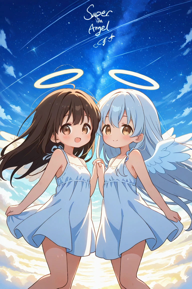 score_9 BREAK 2girls,(sunlight),(angel),dynamic angle, floating, wing, halo, floating white silk,(Holy Light),silver stars,