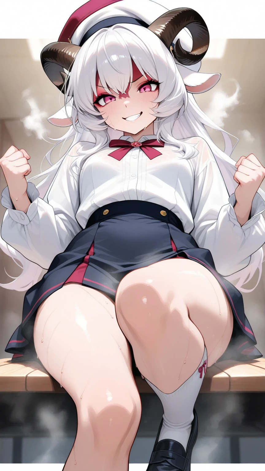 absurdres, masterpiece, best quality:1.2),illustration,8k,hd,ursula (takunomi),1girl, solo, blush, smile, closed mouth, (dark-skinned girl, tanned):1.5, sunburn:1.4, grey hair, long hair, red eyes, ((dragon horns)), small breasts, dark tanned skin, blue cardigan, white shirt, red bowtie, blue skirt,sitting, squatting, looking at the viewer, light rays, (((sitting, squatting))), (torn navy buruma, bloomers), cutout white shirt, navel, underboobs, lying, spreading legs, (((torn clothes, wet clothes))), ((black long loose socks)), peeing, peeing over bloomers,peeing,Beauty,highres, (good anatomy),hentai,masterpiece,ursula,girl,best quality,pee, peeing over bloomers,