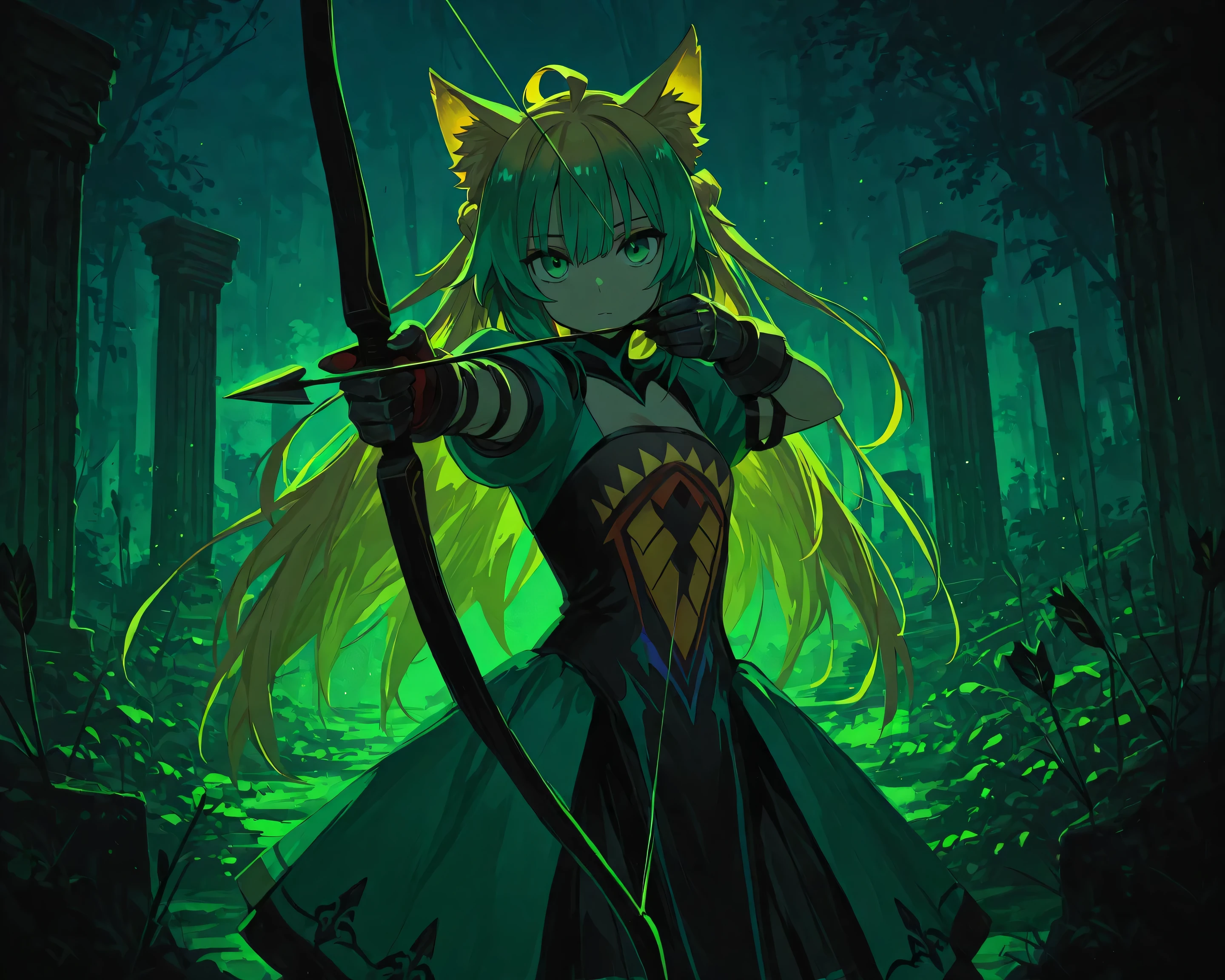 1girl, ahoge, aiming, aiming at viewer, animal ear fluff, animal ears, arrow \(projectile\), atalanta \(fate\), blonde hair, bow \(weapon\), cat ears, closed mouth, drawing bow, dress, gloves, gradient hair, green dress, green eyes, green hair, hair between eyes, holding, holding arrow, holding bow \(weapon\), holding weapon, long hair, looking at viewer, multicolored hair, outstretched arm, puffy short sleeves, puffy sleeves, short sleeves, solo, weapon, lelst0_illu, green theme, dark background, glowing, nature, dappled sunlight, greece monuments, ruins, green particles, bloom, high contrast, high saturation, cinematic lighting, color grading, clowdflower theme