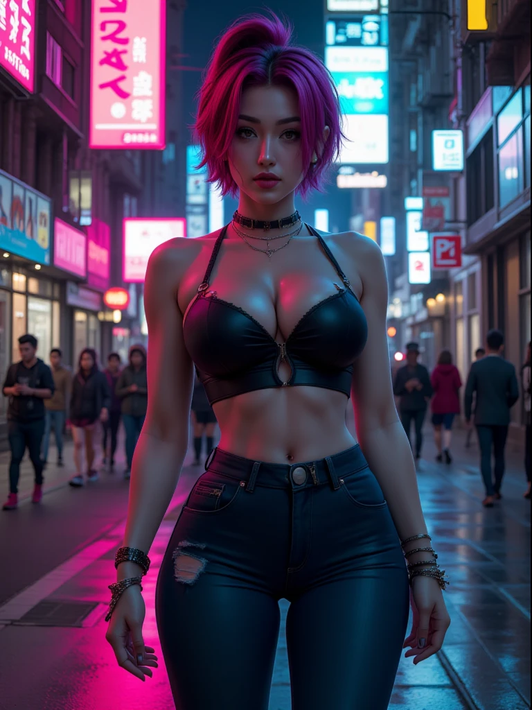 full body, medium long shot photography of a gorgeous stunning Korean girl, sultry pose, outdoors, night atmosphere, Korean neon sign city street, open shirt, high detail, muted colors, ( cyberpunk), detailed eyes, pink hair, wet skin, wet hair, ((transparent textures)), detailed anatomy, accurate anatomy, rainy day, hdr, 8k, ultra-realistic, (voluptuous), big sultry lips, tattered leather jacket, (beautiful detailed eyes), (expressive and deep eyes) , (high resolution), small nose, almond-shaped eyes, detailed background, reflective textures, (masterpiece:1. 0), (best quality:1. 4), (ultra highres:1. 2), (photorealistic:1. 4), (8k, RAW photo:1. 2), (soft focus:1. 4), (sharp focus:1. 4), f/1. 24, 200mm, wide angle, sharp focus, depth of field, analog style, deep blacks, high dynamic contrast, (Masterpiece:1.3), (best quality:1.3),
