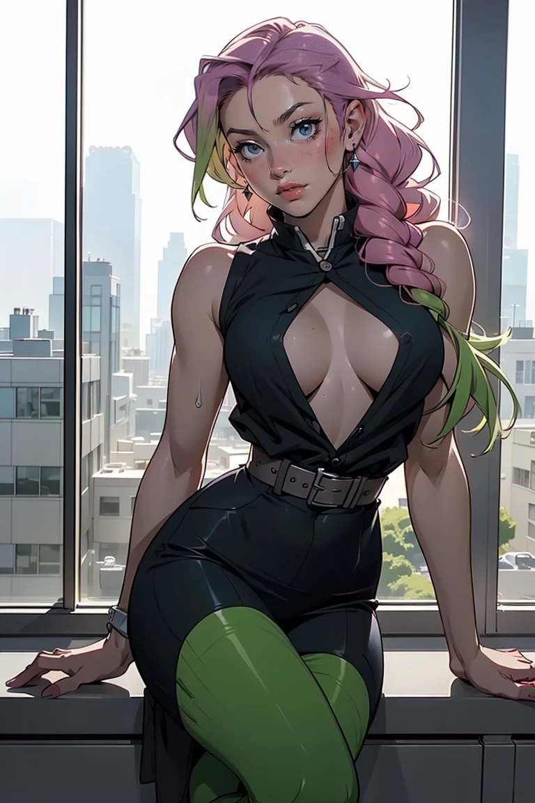 Hyper realistic super detailed sexy Mitsuri Kanroji, NSFW, Very detailed, expressions faciales sexy, seductive facial expressionace detail: 1.4): 0.4], 16K resolution, 4k resolution, dinamic lighting, High definition resolution, (sexy pose, Position attrayante), (hyper realistic: 1.4),  , (sun light: 1), (pleine hauteur: 1.8),(contrasting background: 1.5), (Anatomy of the hyperrealistic arm), (Hyperrealistic anatomy of the legs), (peau propre), (lighting cinematic: 1.7), (intime), (Technologie NVIDIA RTX Ray Tracing), (Ventre plat parfait), (image couleur),Create a 4K resolution, ultra-realistic, and extremely detailed artwork featuring a Mitsuri Kanroji in a corporate office setting with a provocative style. Mitsuri Kanroji  the central character in the artwork. She stands in front of a big glass window of a modern office offering a cityscape view.

 ((Mitsuri Kanroji (from "demon slayer"))), a girl with long green-pink gradient hair and green eyes, green hair, gradient hair, multicolored hair, long hair, braided hair, She has a commanding presence. She has a provocative yet professional silhouette,  emphasizes her figure. Her makeup  bold, with striking red lips and a gaze that demands attention.

She  dressed provocatively,  a bold fashion statement. yellow leotard, orange leotard, thigh gap, bare shoulders, a touch of glamour to her overall appearance. shy and faint smile