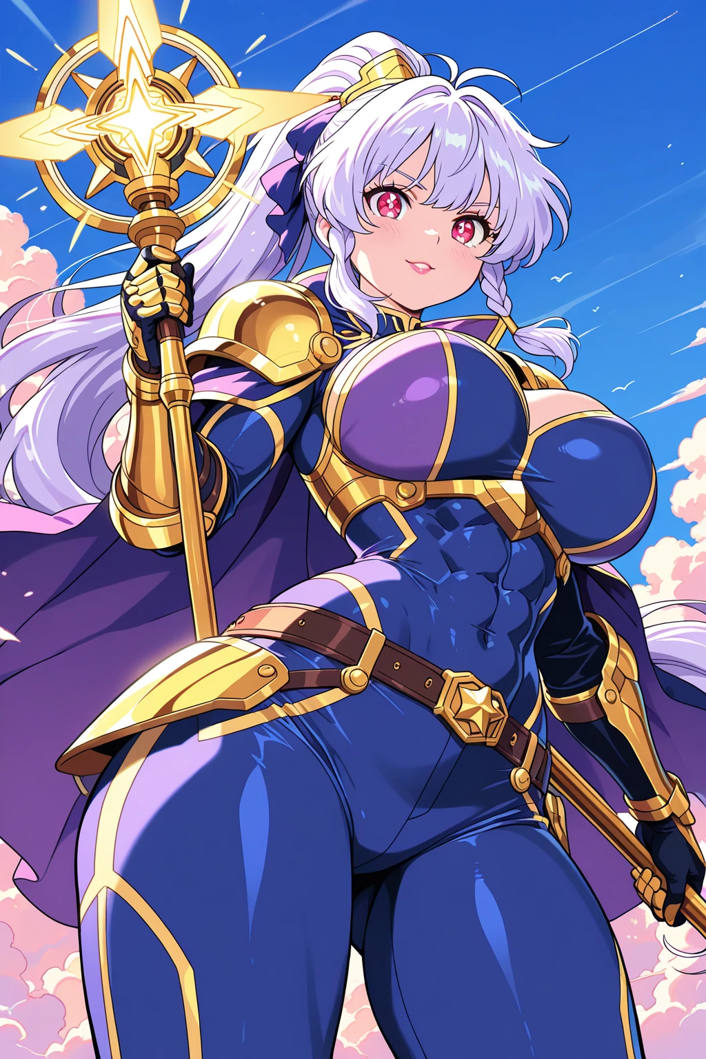 (1 mature muscular female paladin,gorgeous paladin armor,arm guard,leg guard,headdress,25yo), ((castle,The King's Chamber)),(smile),dynamic pose,dynamic angle,navel,pose for photo,from below