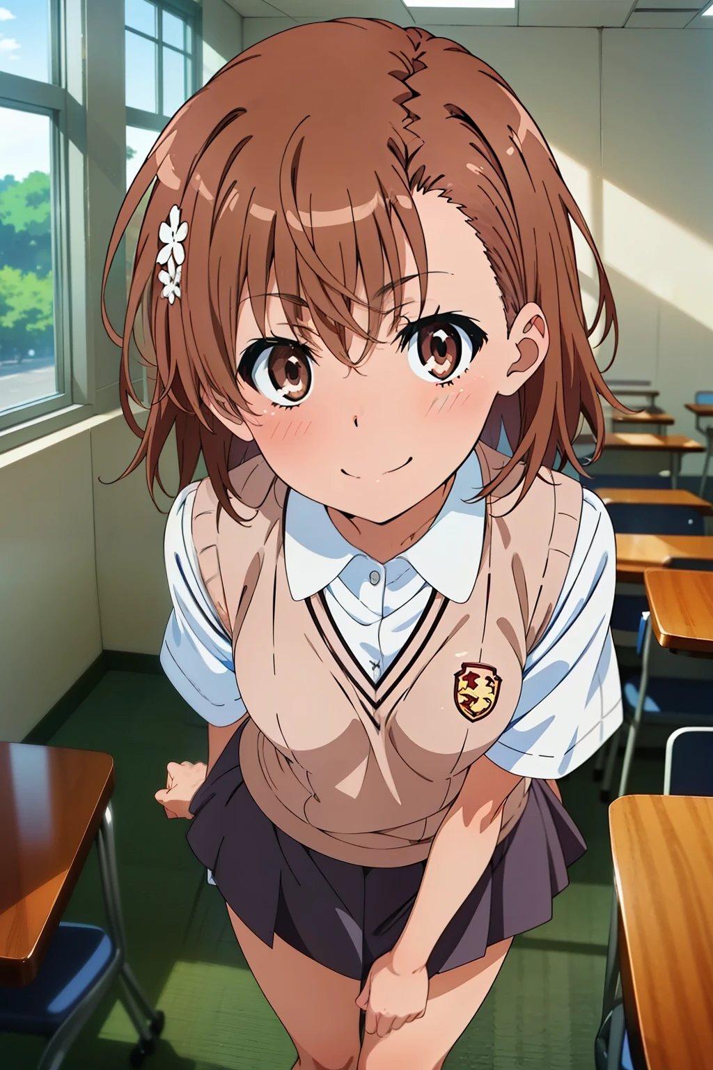 (masterpiece, best quality, high resolution, 8k:1.2), (anime coloring:1.2), perfect character design, official art, highly detailed CG Unity 8K wallpaper, perfect face, perfect eye, perfect hair style, perfect body, beautiful body, beautiful skin, beautiful breasts, beautiful legs, beautiful hands, perfect hands, beautiful finger, beautiful face, beautiful eyes, symmetrical eyes, slim body, (1 girl), (misaka mikoto, brown eyes), (small breasts), (brown hair, short hair, bangs, eyebrows visible through hair, hairpin), (tokiwadai school uniform, white shirt, short sleeves, (sweater vest, v-neck), (gray skirt, pleated skirt, mini skirt), loose socks, loafers), smile, dutch angle, looking at the viewer,