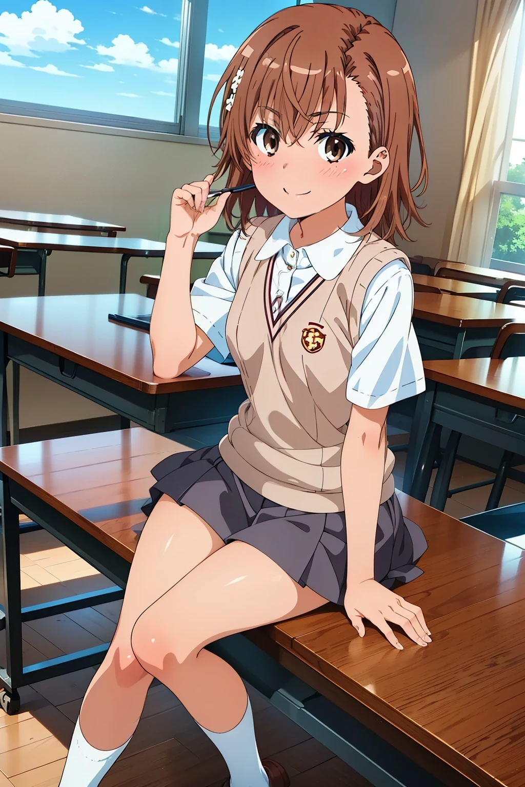 (masterpiece, best quality, high resolution, 8k:1.2), (anime coloring:1.2), perfect character design, official art, highly detailed CG Unity 8K wallpaper, perfect face, perfect eye, perfect hair style, perfect body, beautiful body, beautiful skin, beautiful breasts, beautiful legs, beautiful hands, perfect hands, beautiful finger, beautiful face, beautiful eyes, symmetrical eyes, slim body, (1 girl), (misaka mikoto, brown eyes), (small breasts), (brown hair, short hair, bangs, eyebrows visible through hair, hairpin), (tokiwadai school uniform, white shirt, short sleeves, (sweater vest, v-neck), (gray skirt, pleated skirt, mini skirt), loose socks, loafers), smile, dutch angle, looking at the viewer,