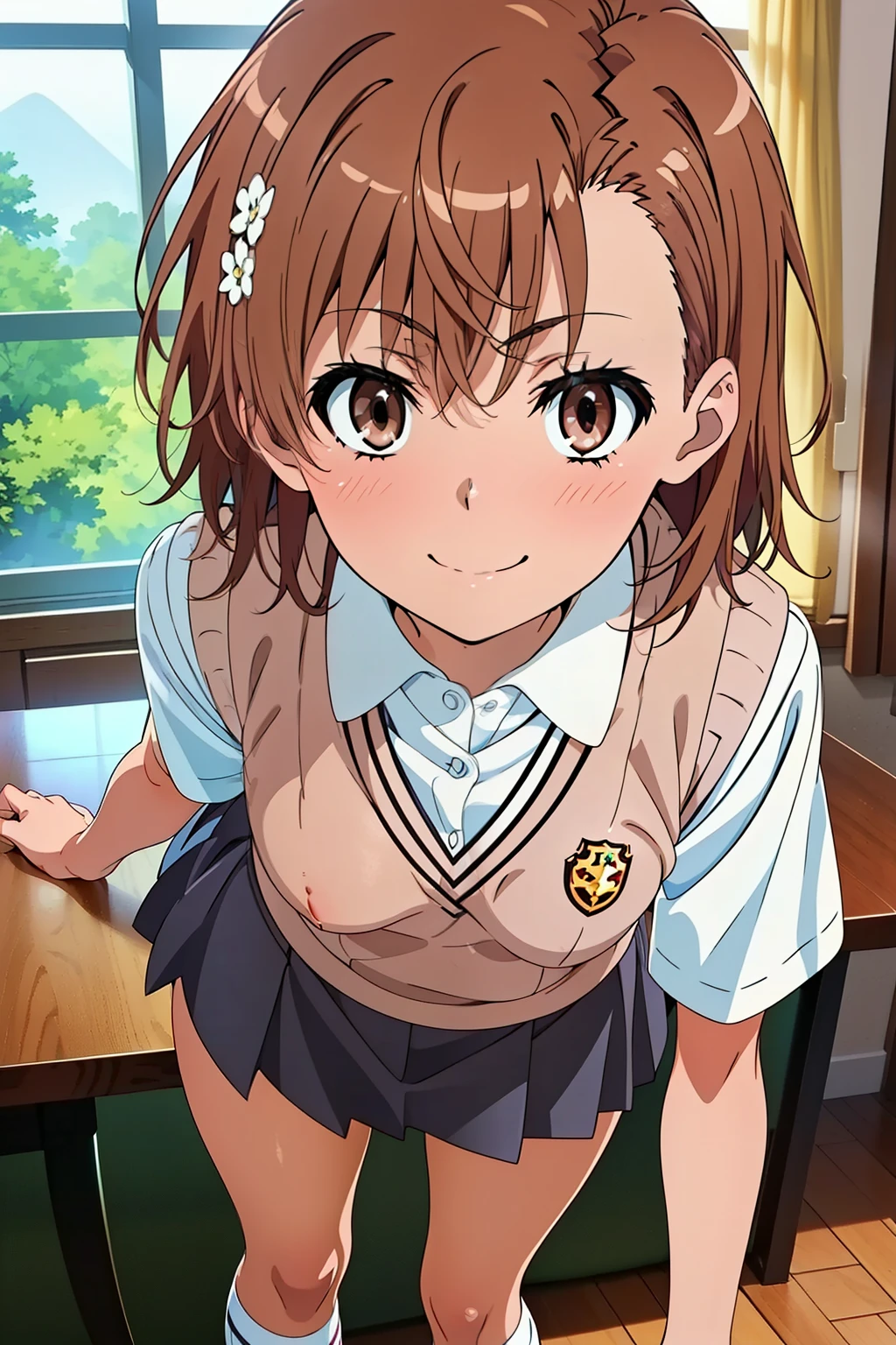 (masterpiece, best quality, high resolution, 8k:1.2), (anime coloring:1.2), perfect character design, official art, highly detailed CG Unity 8K wallpaper, perfect face, perfect eye, perfect hair style, perfect body, beautiful body, beautiful skin, beautiful breasts, beautiful legs, beautiful hands, perfect hands, beautiful finger, beautiful face, beautiful eyes, symmetrical eyes, slim body, (1 girl), (misaka mikoto, brown eyes), (small breasts), (brown hair, short hair, bangs, eyebrows visible through hair, hairpin), (tokiwadai school uniform, white shirt, short sleeves, (sweater vest, v-neck), (gray skirt, pleated skirt, mini skirt), loose socks, loafers), smile, dutch angle, looking at the viewer,