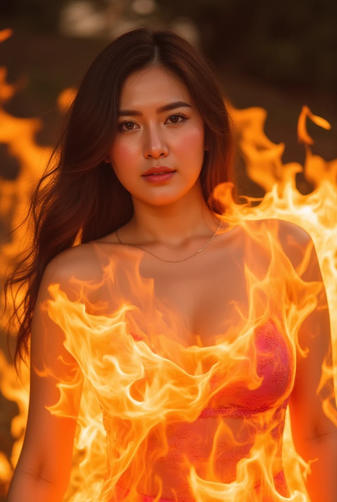 A woman whose metabolism is increasing and fat is burning engulfed in flames I'm happy I'm wearing clothes