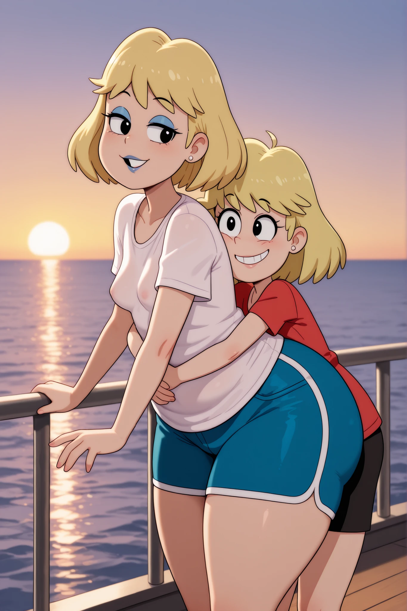 rita loud, mature woman, blonde hair, solo, short hair, medium saggy breasts, gigantic hips. gigantic ass. black eyes, blue makeup, earrings, fat. | absurdres, sensitive, titanic hug, hug from behind, couple, hetero, 1young femboy(small breasts), the difference in size, the difference in age. 1matyre girl, smile, parted lips, leaning forward, standing on ship, ocean, sunset, against railing, shirt, short